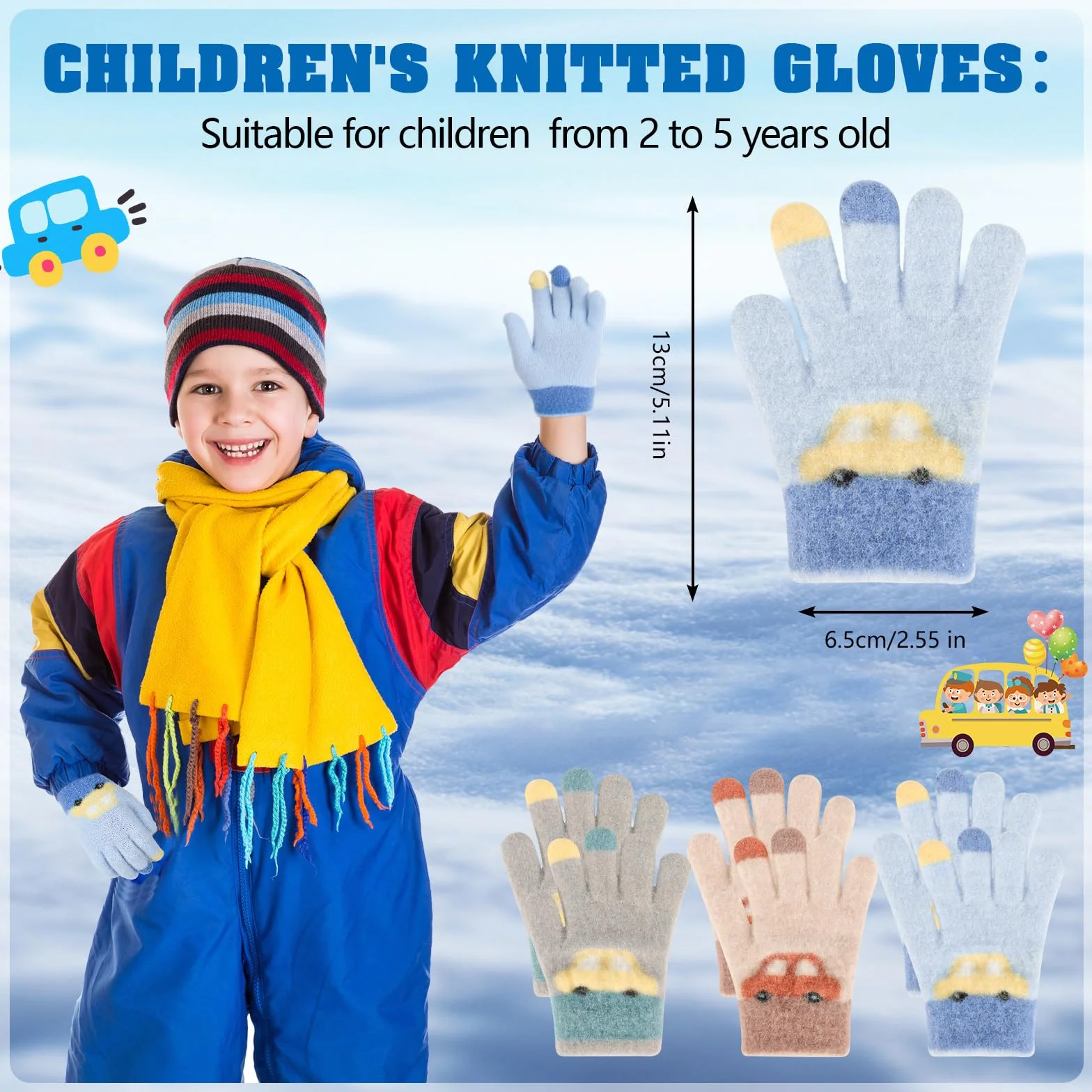 Lot de 3 paires de gants magiques pour enfants motif voiture, gants tricotés chauds et élastiques, mitaines d'hiver, 2-5 ans