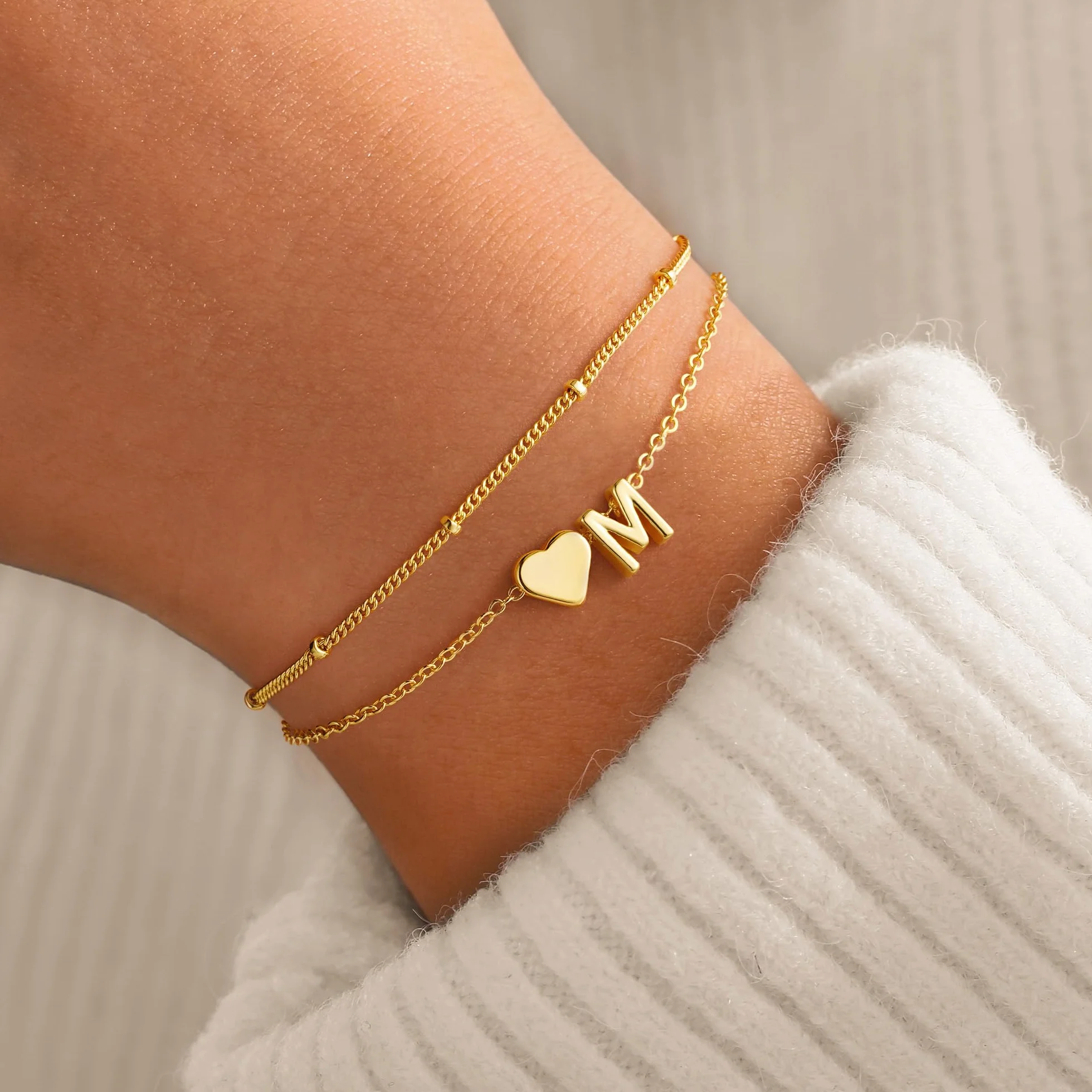 TINGN Bracelet pour femme Plaqué or 14 carats Cœur en couches Personnalisable