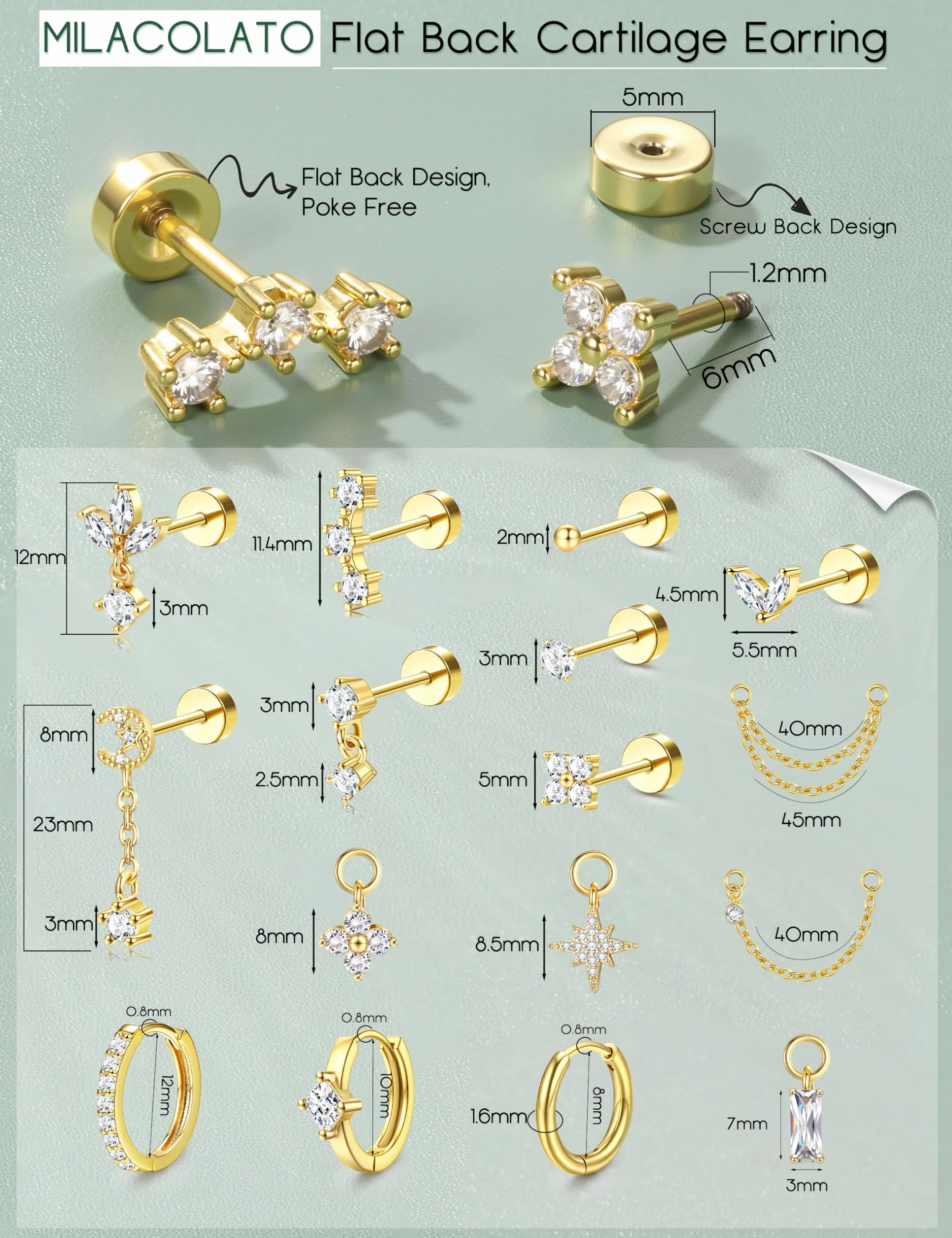 MILACOLATO Piercing Helix Boucles d'Oreilles Acier Inoxydable Tragus Conch Rook Daith Or Argent