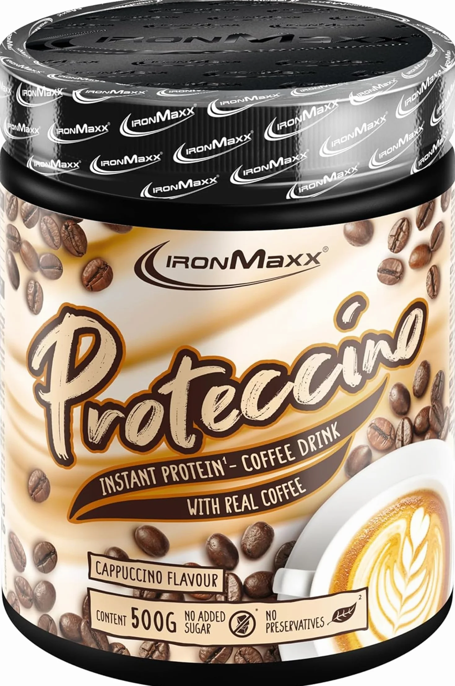 IronMaxx Proteccino Cappuccino 500 g – Café instantané protéiné avec whey protéine et caféine, sans sucres ajoutés, poudre pour boisson protéinée gourmande, idéale pour routine sportive
