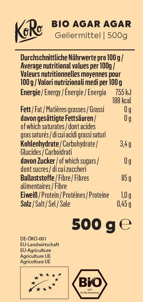 KoRo - Agar Agar bio 500 g - Pur végétal - Parfait pour épaissir et gélifier - Alternative à la gélatine - Extrait d'algues