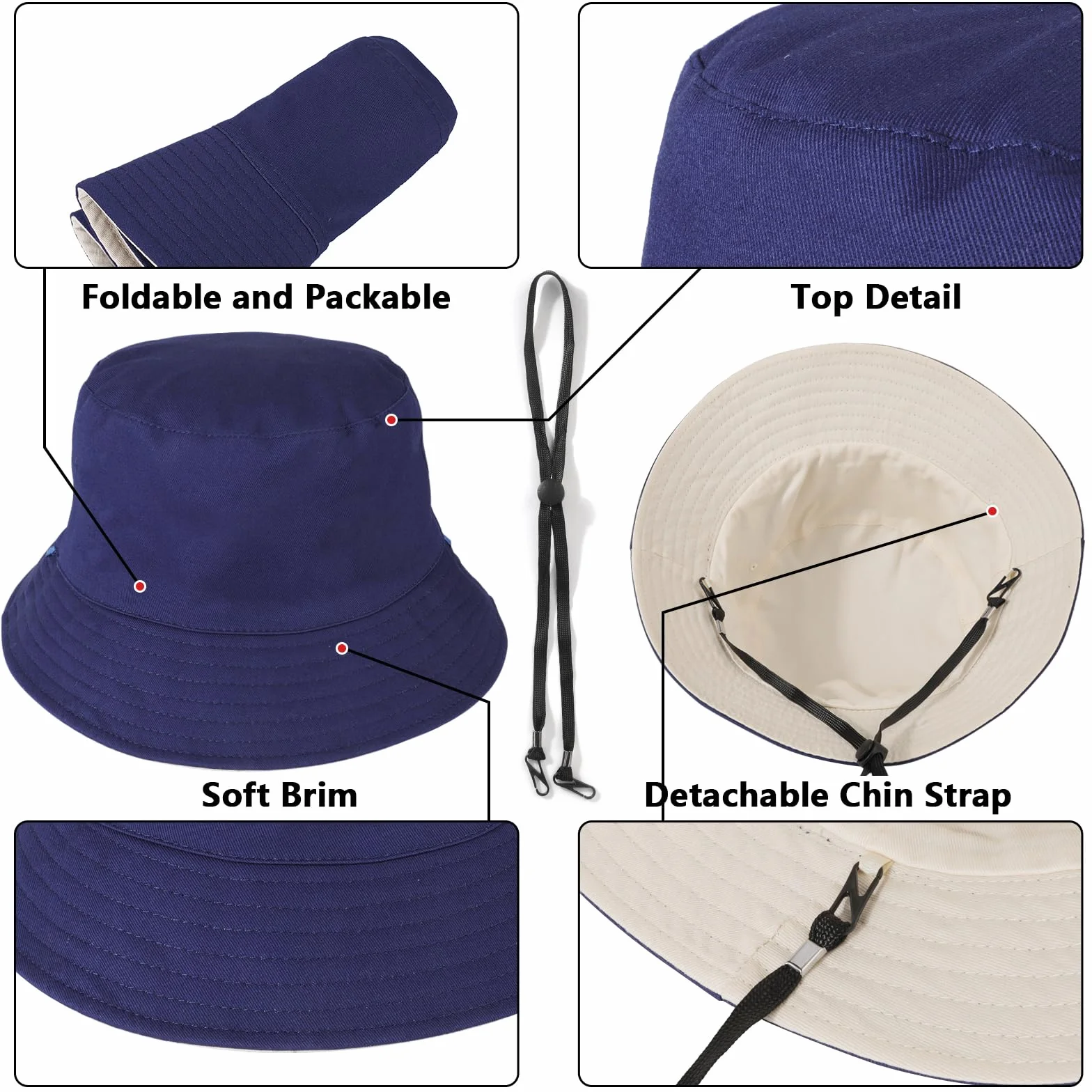 TAGVO Chapeau de Pêcheur Réversible Chapeau de Seau Unisexe Anti-UV Pliable Coton 58-65cm