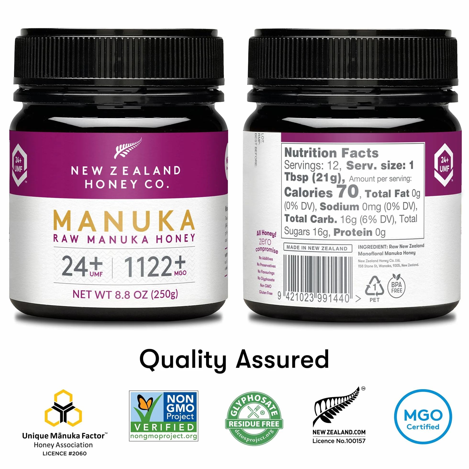 Miel de Manuka MGO 1122+ / UMF 24+ de New Zealand Honey Co. | Actif et brut | Fabriqué en Nouvelle-Zélande | 250g