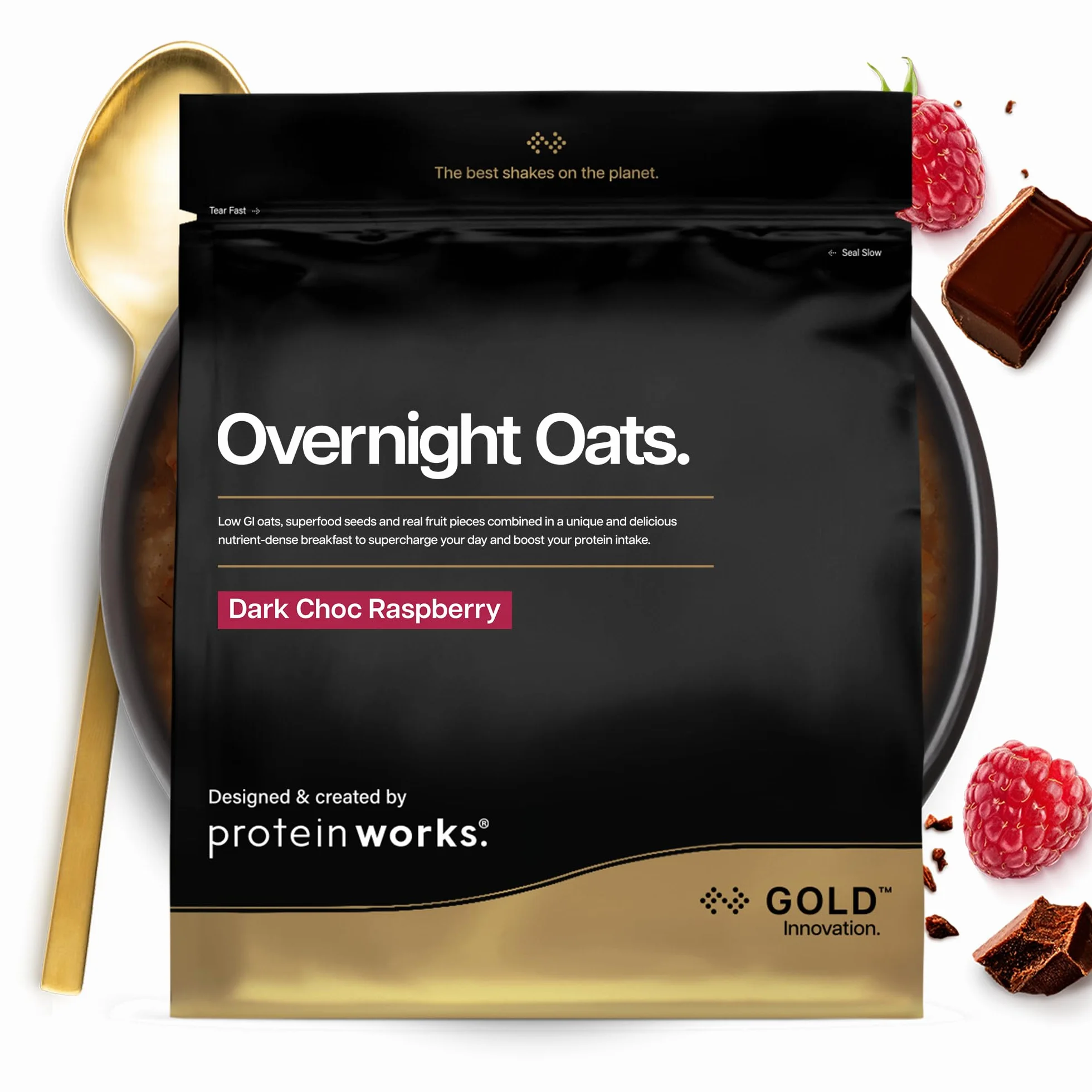 Protein Works | Overnight Oats – GOLD Innovation, Petit-Déjeuner High-Protein, Chia & Graines de Lin, Soutient Perte de Poids, Faible Sucre, Chocolat Noir Framboise, 14 Portions, 1kg