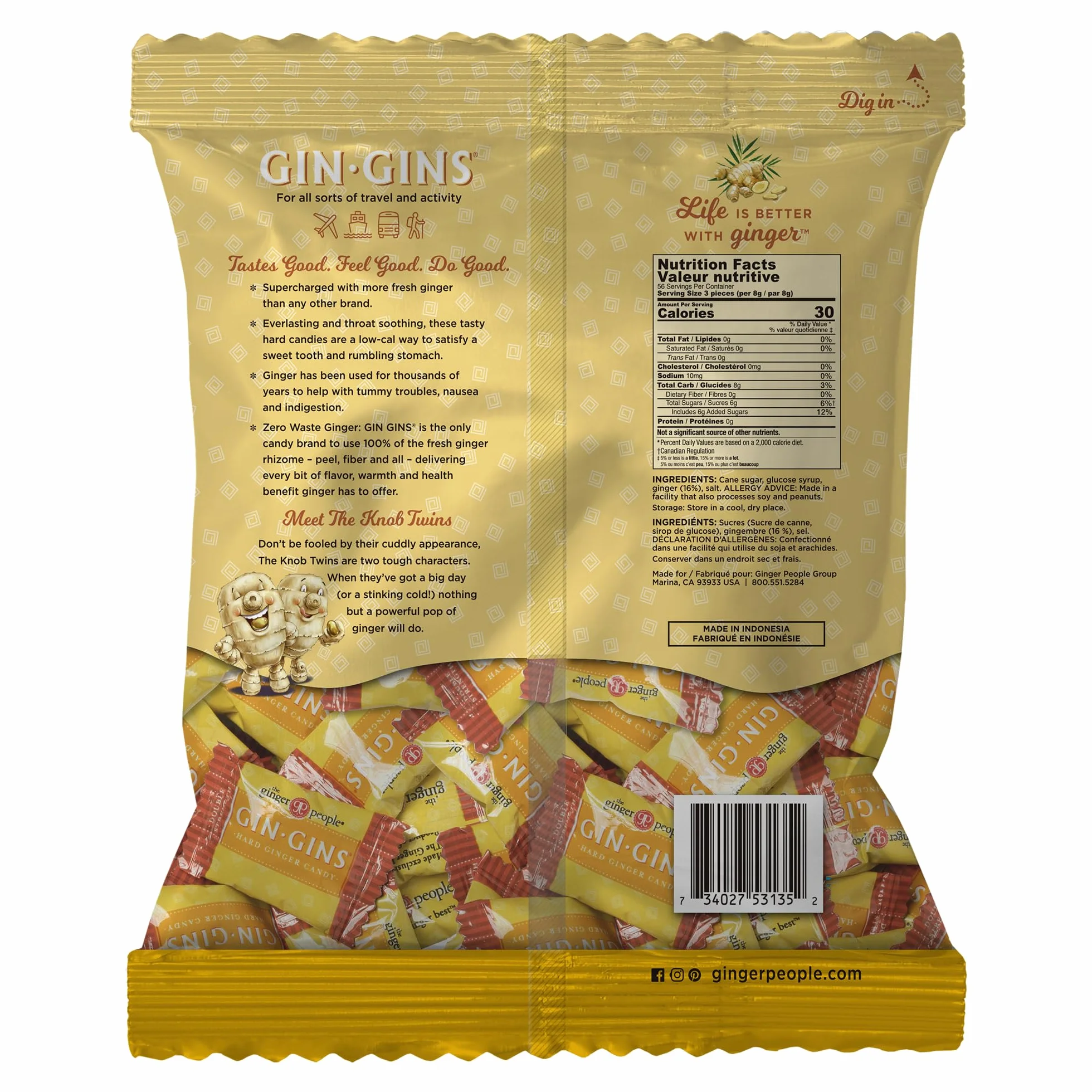 GIN GINS – Bonbons durs au gingembre – Double force – Élaboré avec du vrai gingembre – Emballés individuellement – The Ginger People – Sachet de 453 g
