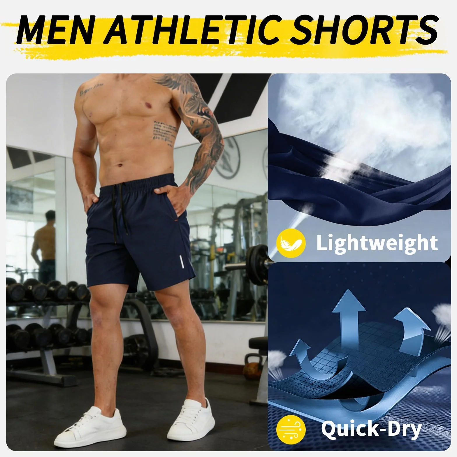 SHAGGA Lot de 3 shorts de sport légers à séchage rapide pour homme, entrejambe 7 avec poches zippées