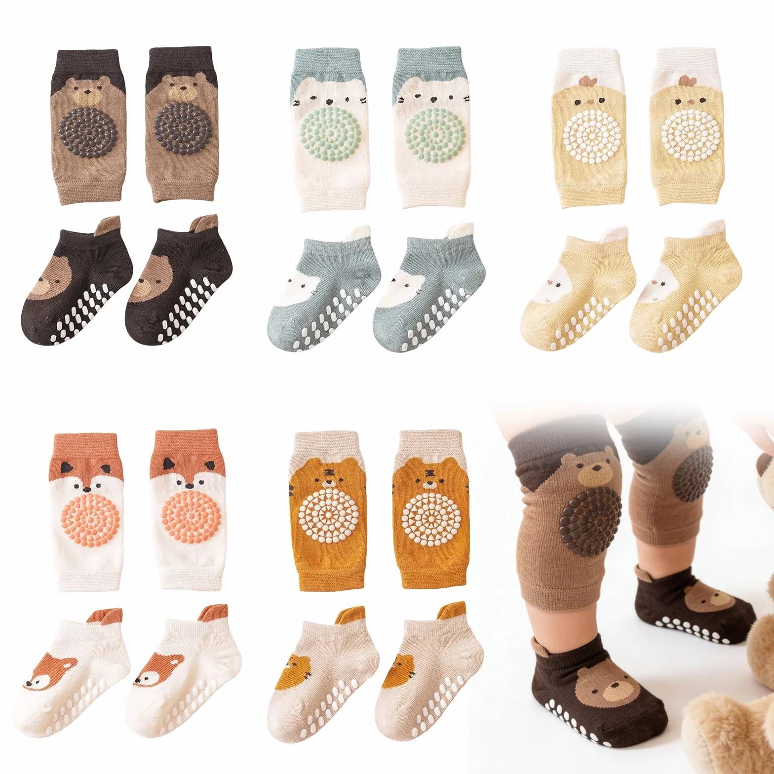 Genouillères Bébé Chaussettes Antidérapantes Motif Animaux 5 Paires