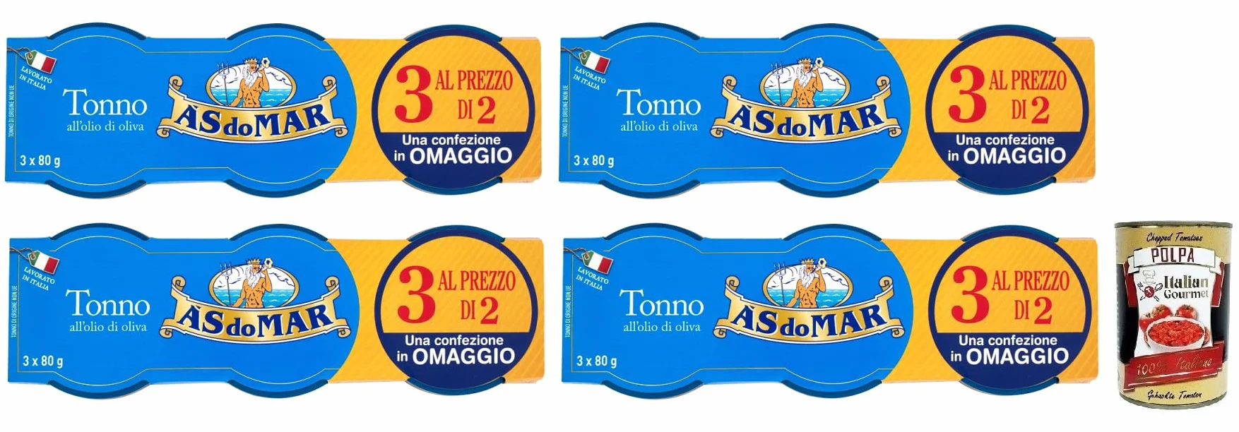 AS do MAR Tonno all'Olio di Olio di Oliva Lot de 12 boîtes de 80 g de thon à l'huile d'olive, idéal dans chaque recette, boîte de 80 g + boîte italienne Gourmet Polpa di Pomodoro 400 g