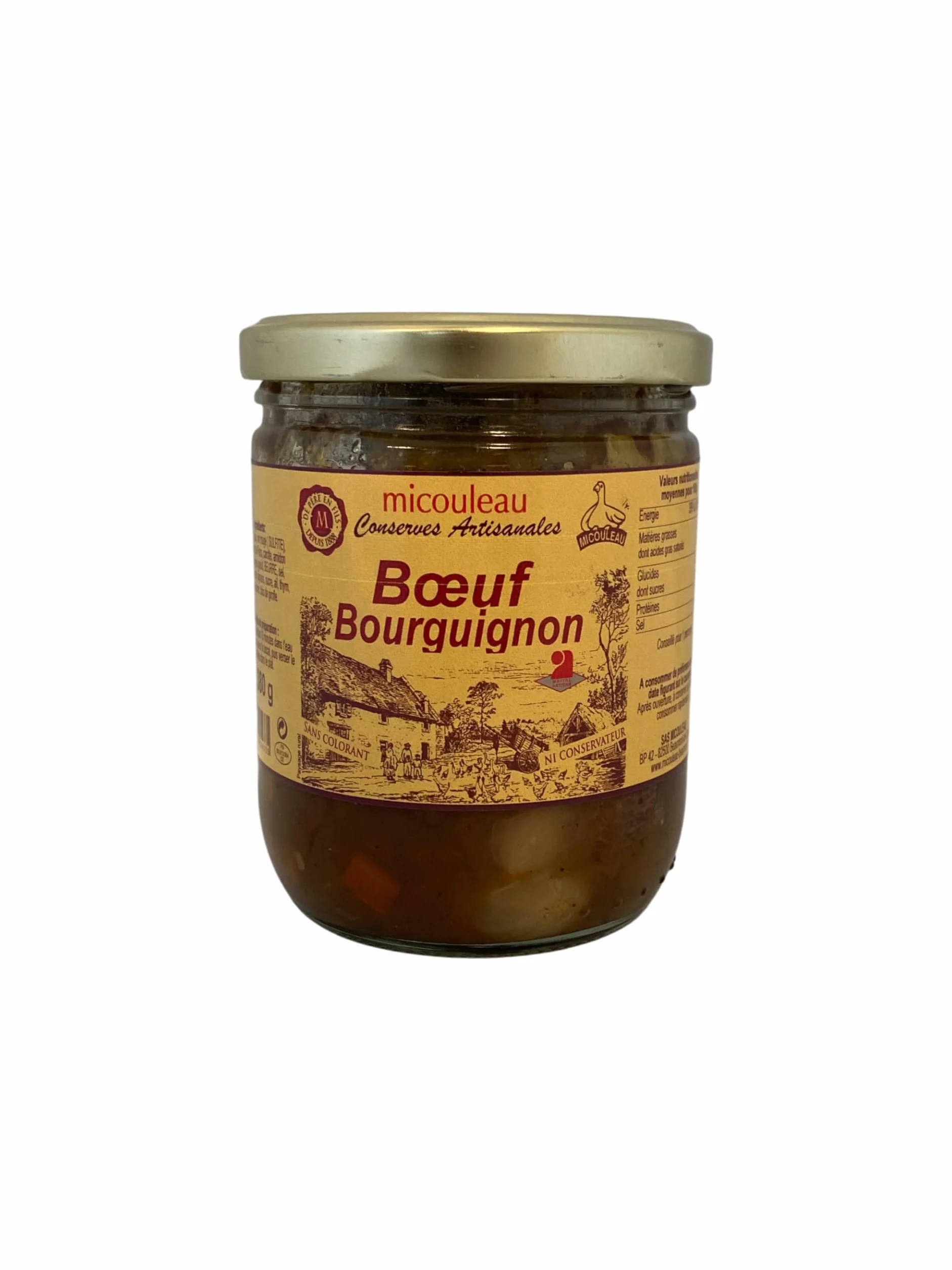 2 Bocaux de Boeuf Bourguignon, Plat Traditionnel Français, 380g, Viande de Bœuf 50%, Mijoté au Vin Rouge, Avec Champignons et Légumes, Cuisine Bourguignonne, Micouleau