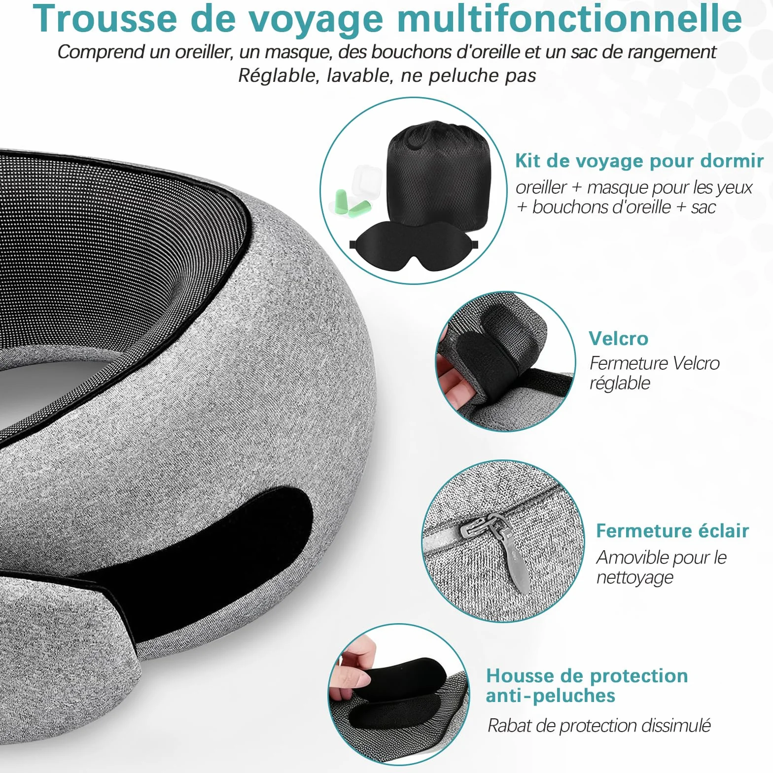 Coussin Cervical Ergonomique Oreiller de Voyage en Mousse à Mémoire Housse Amovible Lavable Avec Masque Bouchons d'oreilles