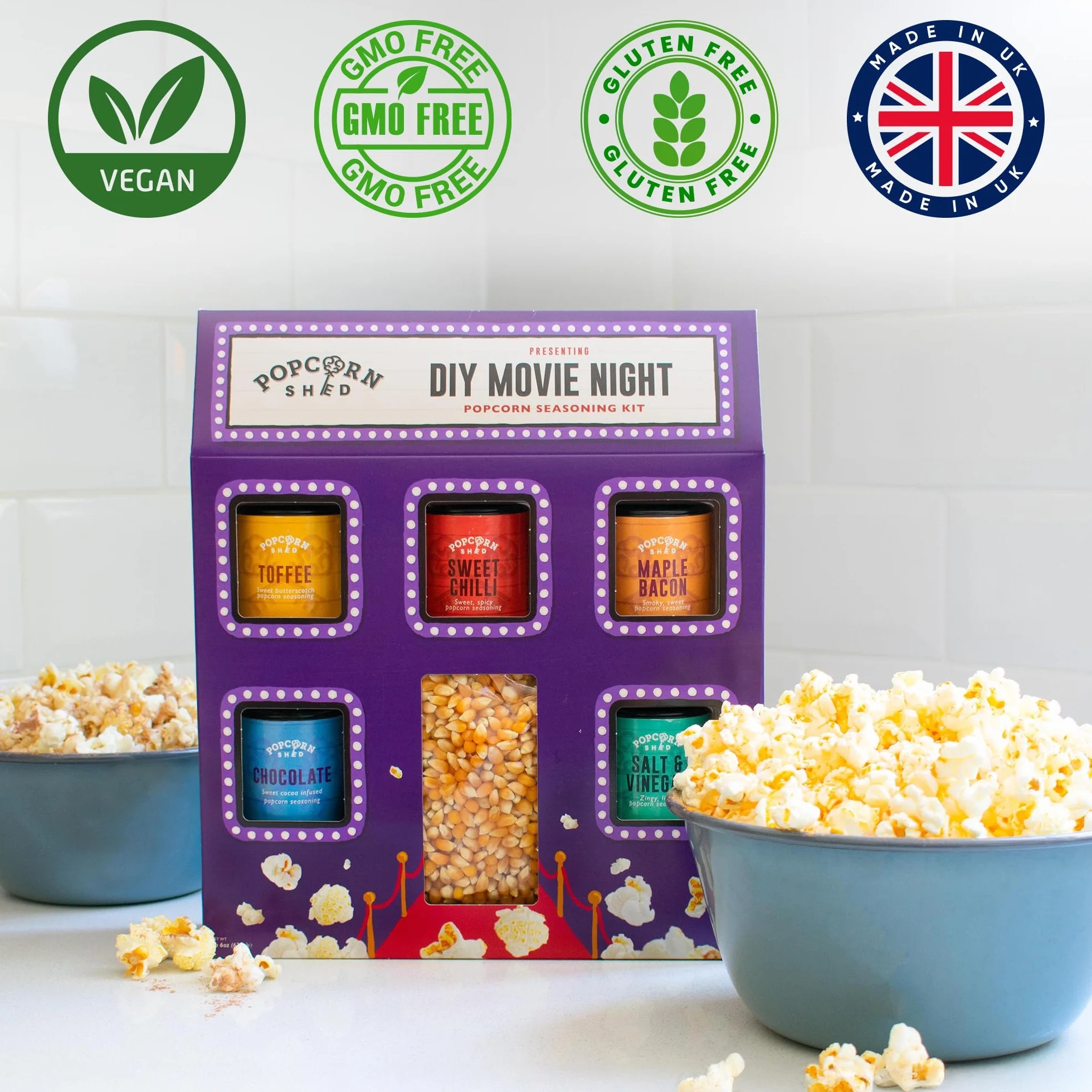 Kit de condiments pour pop-corn à faire soi-même Popcorn Shed pour soirée cinéma (5 condiments & 500g de grains à éclater) - Assaisonnements pour pop-corn sucrés et salés, snack facile et faible en