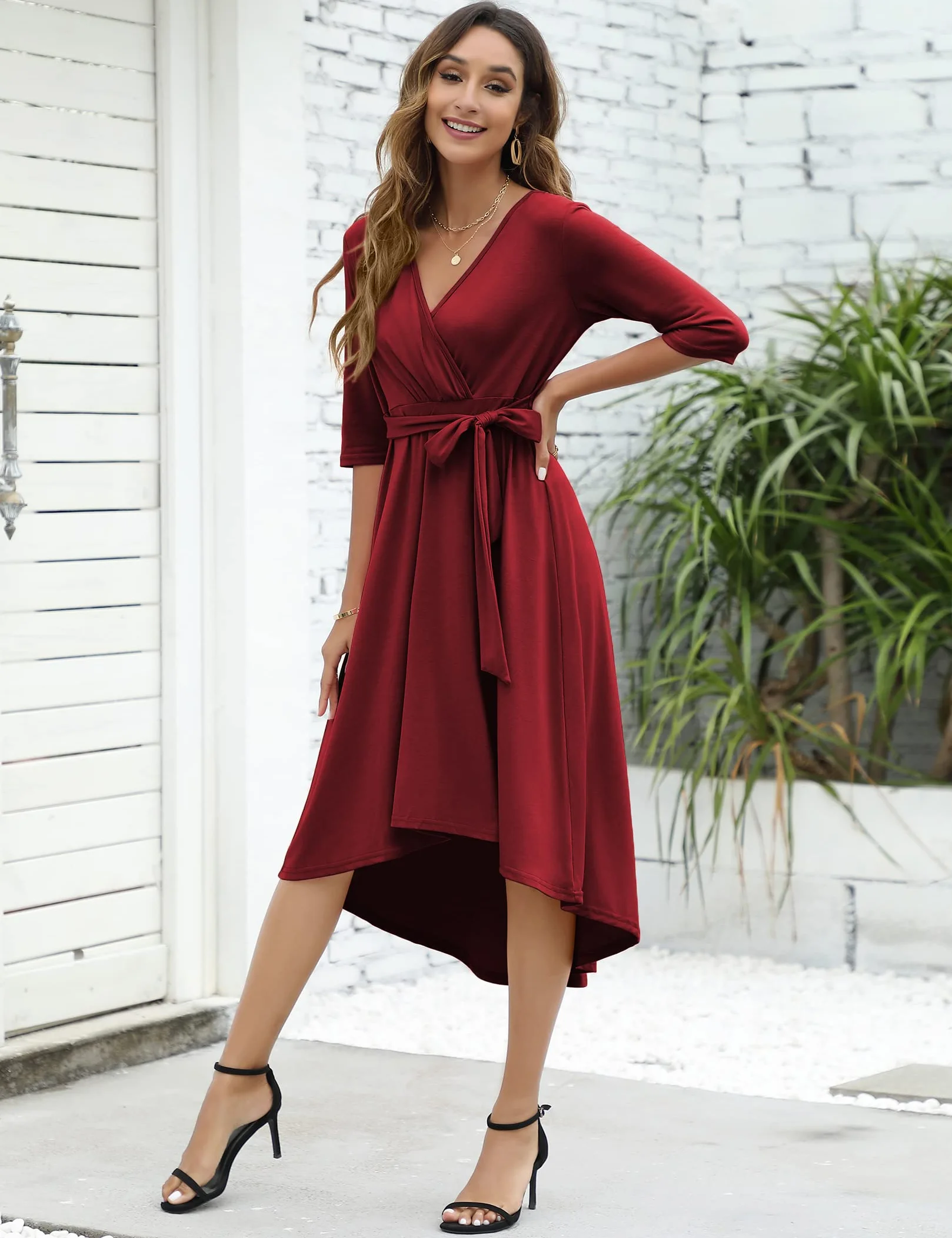KOJOOIN Robe De Maternité d'Allaitement Festive Col en V Manches 3/4 avec Ceinture