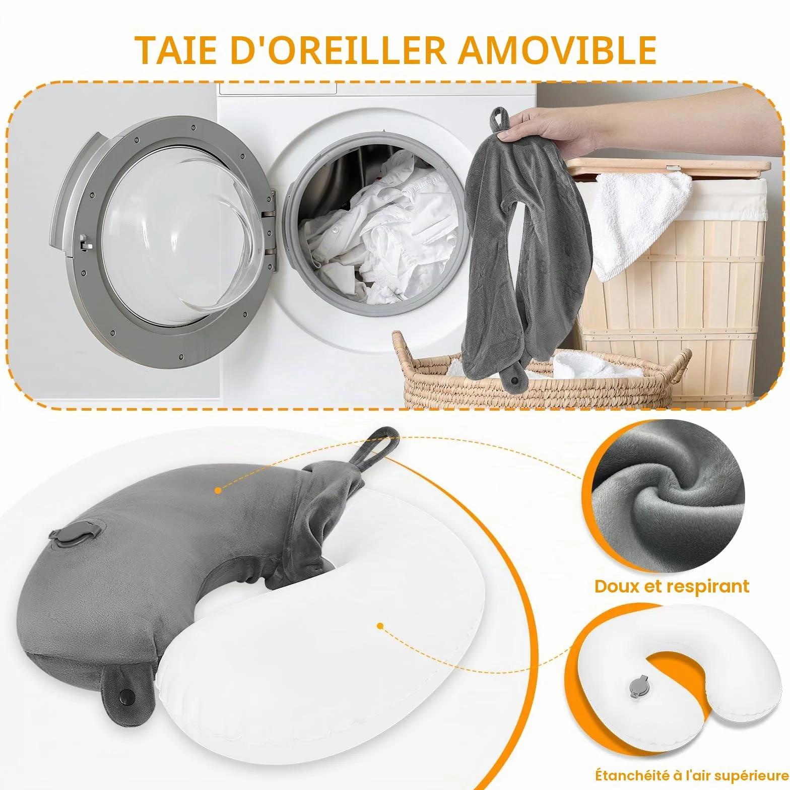Coussin de Voyage Gonflable avec Masque pour Les Yeux, Oreiller Avion Compact Gris