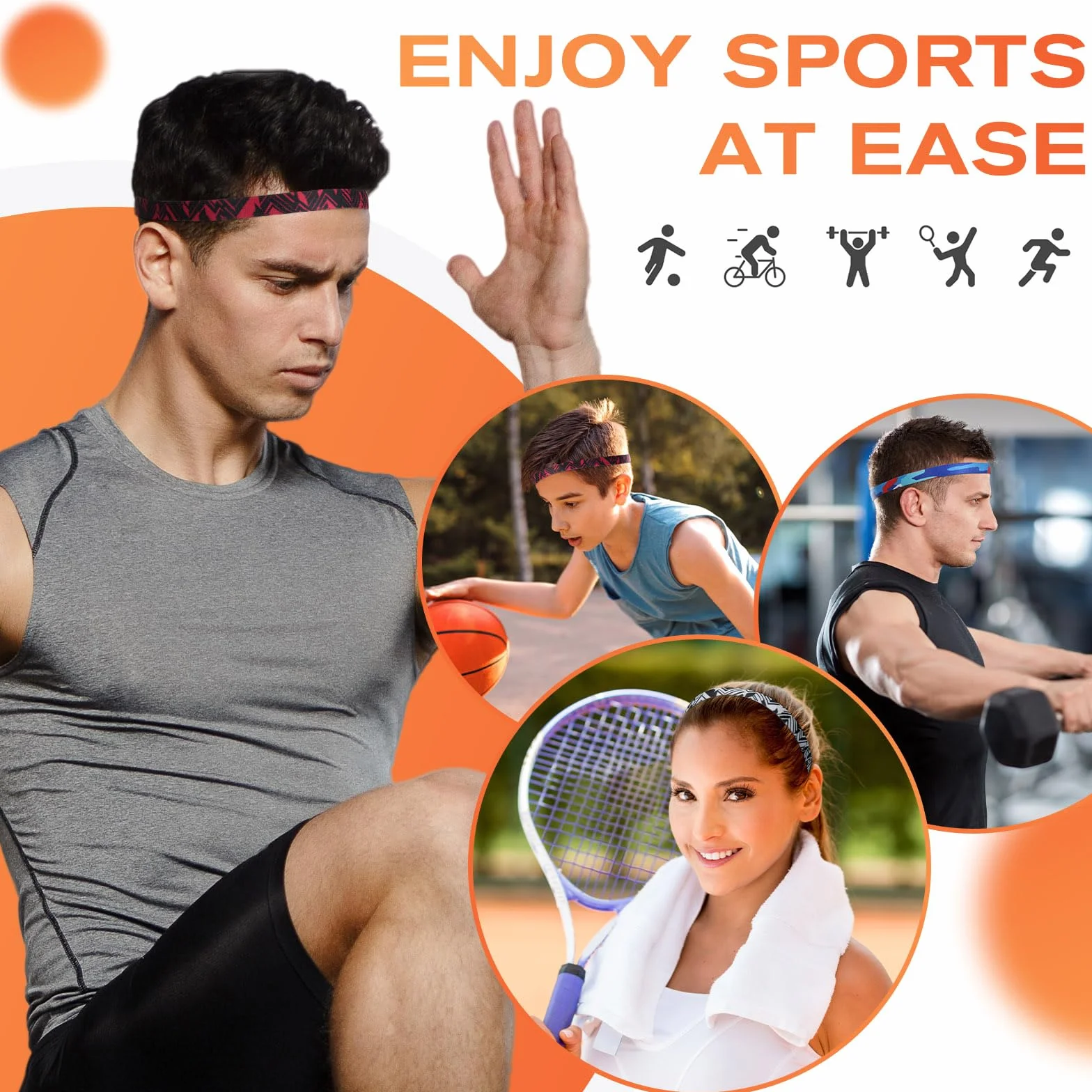 Blooms Bandeaux de Sport Antidérapant pour Homme Femme Enfant 5 Pcs
