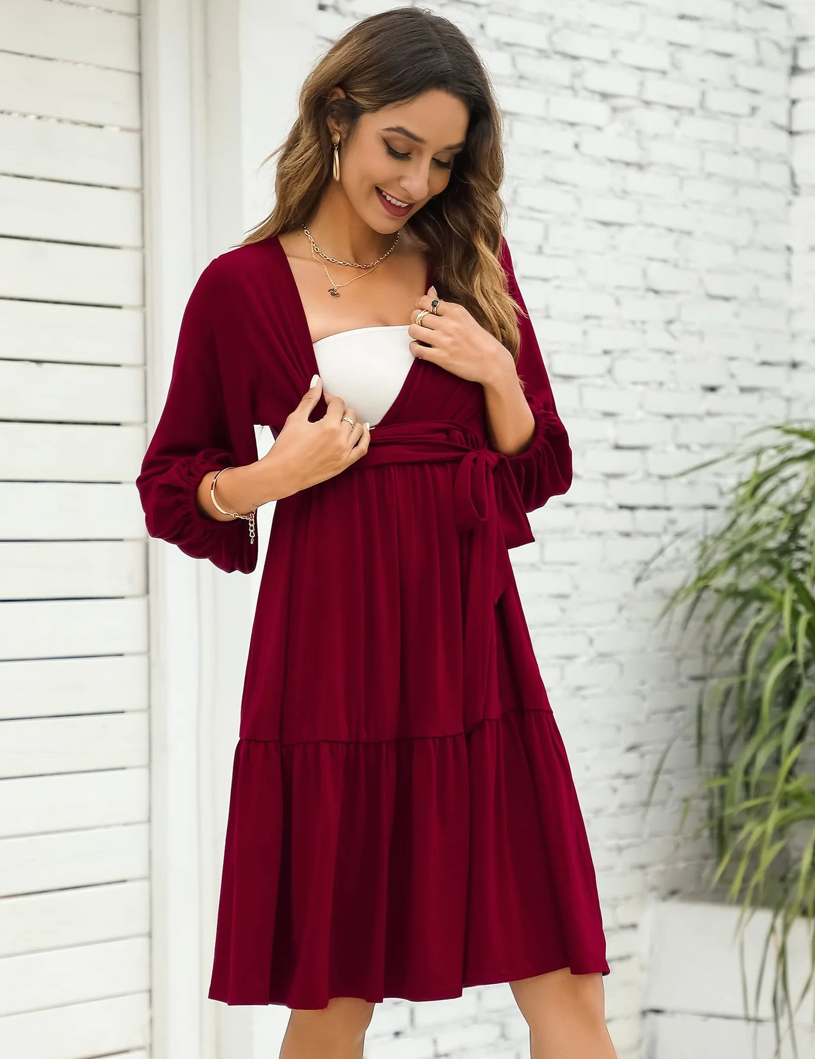 KOJOOIN Robe de maternité Femme Col en V Manches 3/4 Allaitement Volants Ceinture