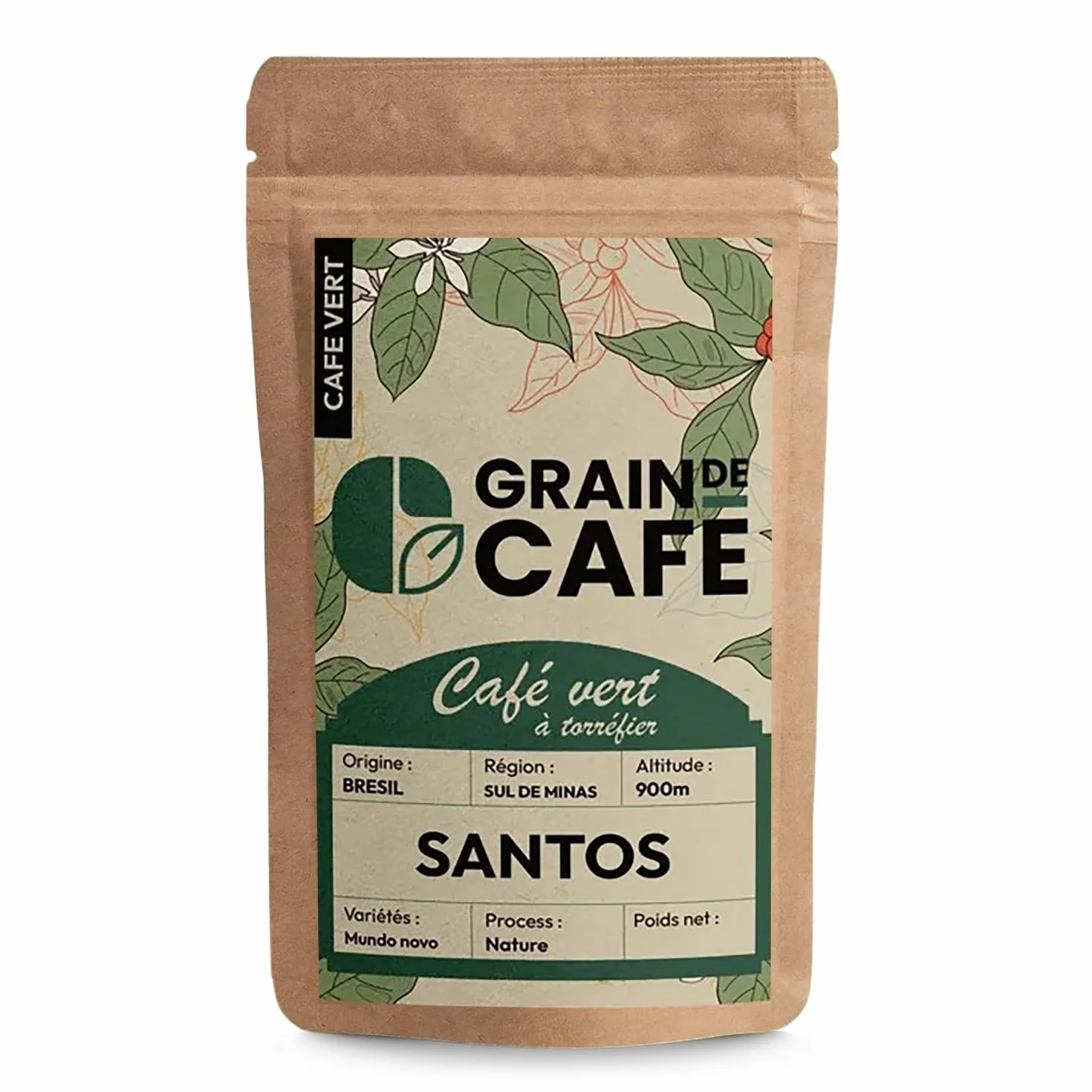 Graindecafé – Café Vert Brésil Santos 1kg | 100% Arabica Non Torréfié À Torréfier Soi-Même | Cru Du Sul De Minas | Doux Et Praliné | Café En Grain Idéal Machine À Grain Une Fois Torréfié