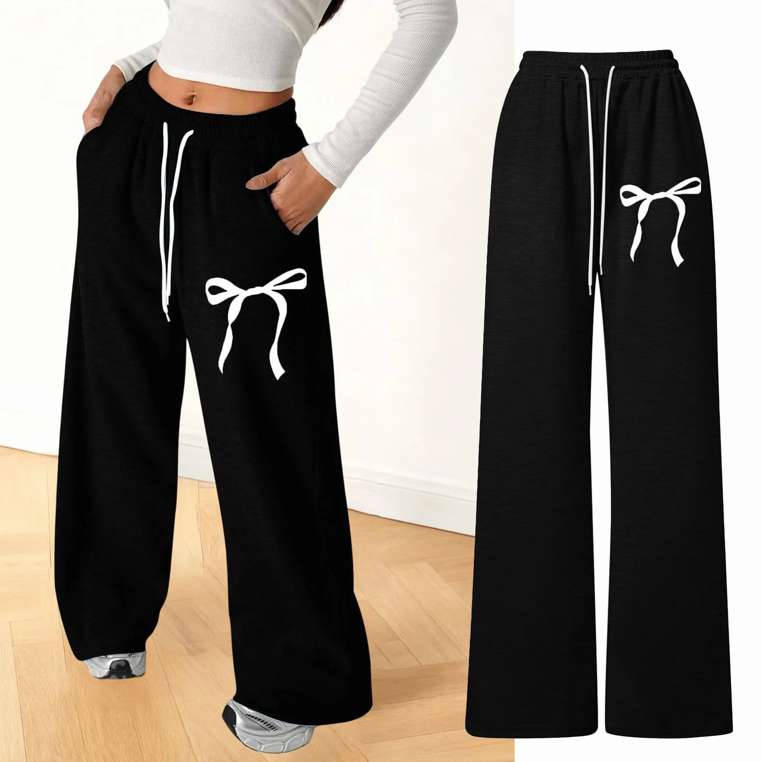 Pantalon jogging Filles Baggy avec Nœud Taille Élastique Cordon de Serrage Poches Jambe Large Couleur Unie Enfants Ado 4-16 Ans
