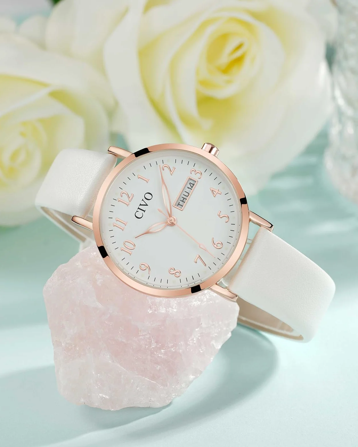 CIVO Montre Femme Analogique 35mm Cadran Clair Grands Chiffres Aiguilles Lumineuses Date Jour Bracelet Cuir