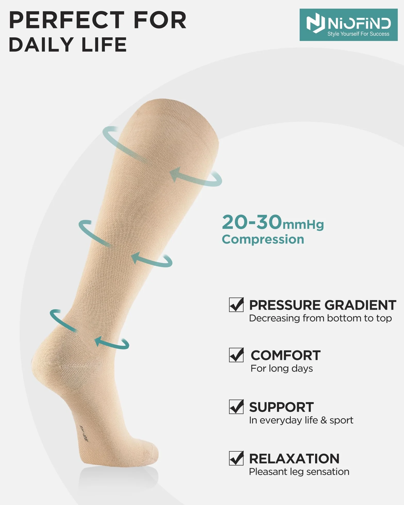 Chaussettes de Contention Lot de 2 Paires 65% Coton Bas de Compression Genou Sport Voyage Grossesse Travail