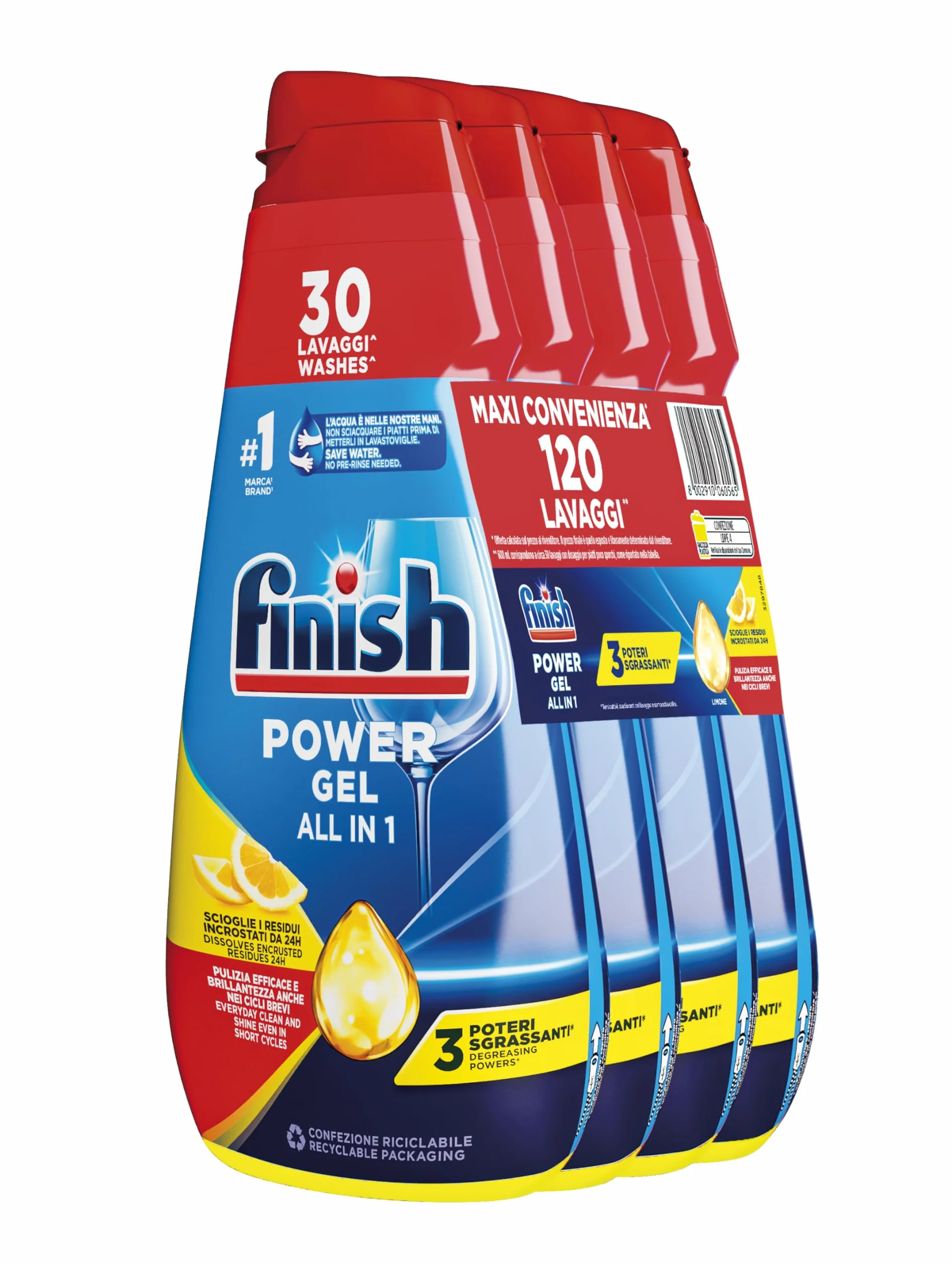 Finish Powergel gel détergent pour lave-vaisselle, liquide, multi-actions, pouvoir dégraissant, citron, 120 lavages, 4 confections de 30 lavages