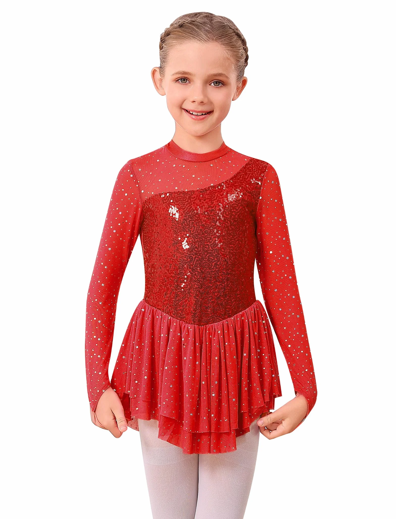 FYMNSI Robe de patinage artistique pour fille avec strass manches longues en tulle - Justaucorps de danse