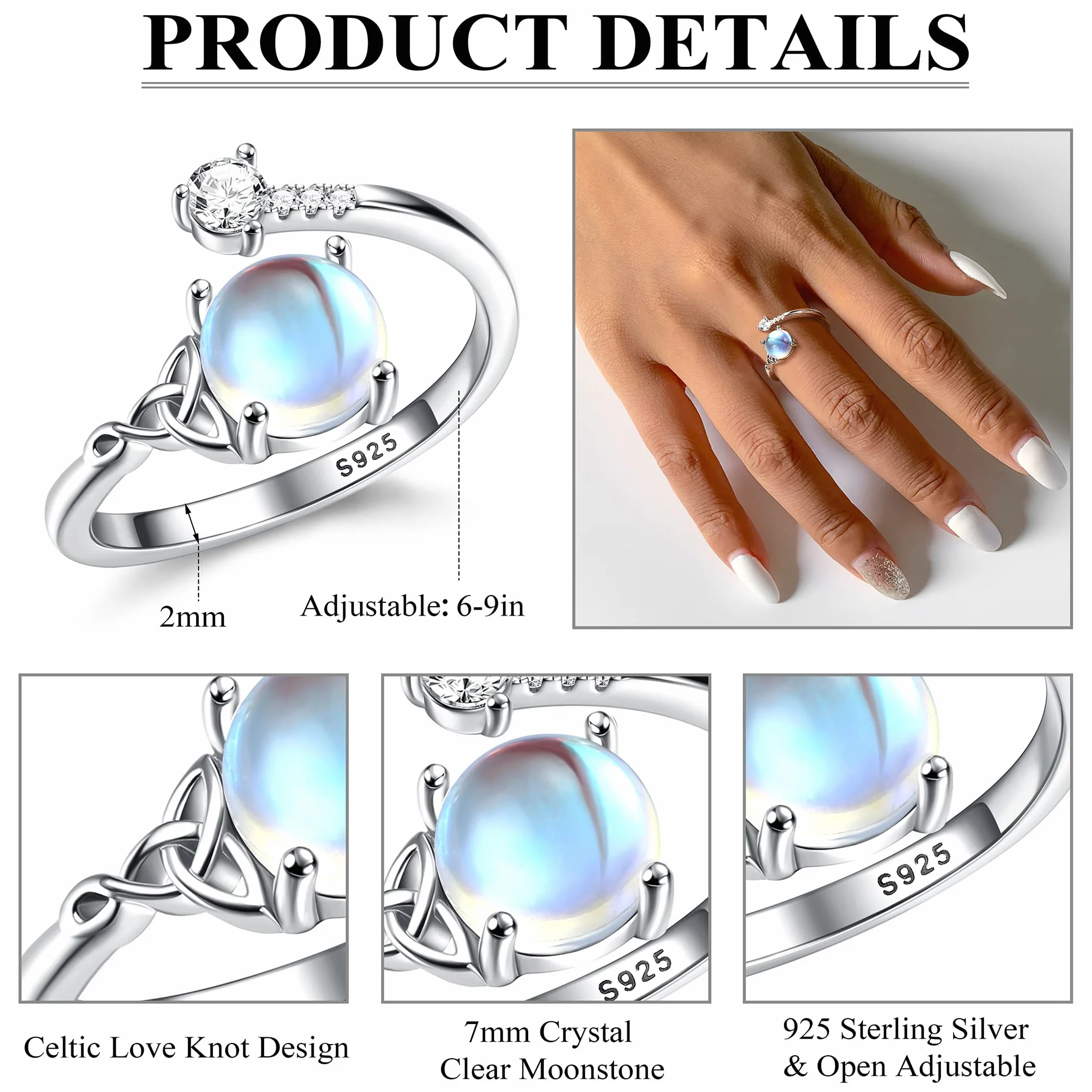 Bague Pierre De Lune Argent 925 Ajustable Triangle Celtique Zirconium Ovale Rond Coeur Pour Femme
