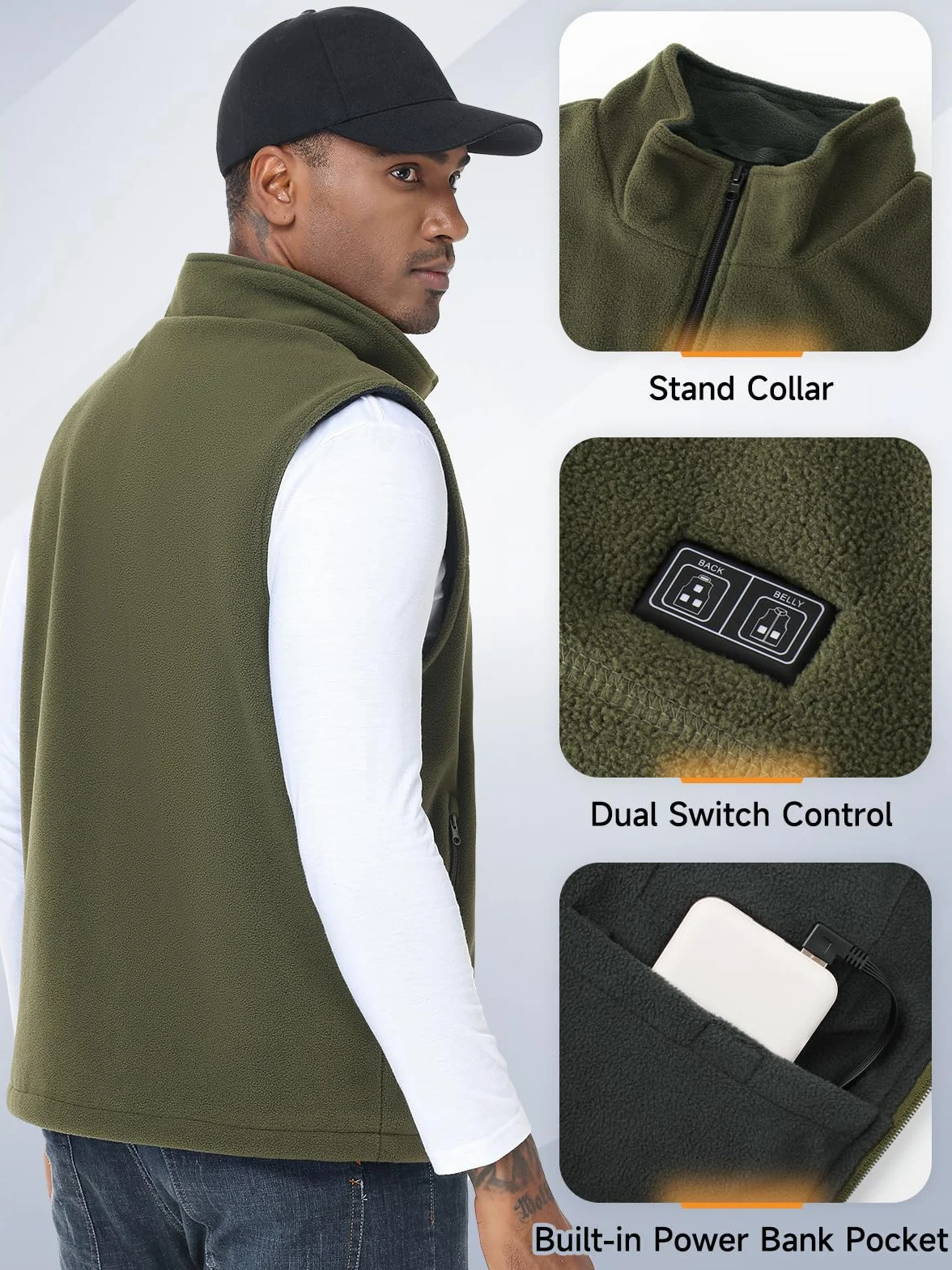 Gilet chauffant homme femme 10000mAh 5V USB micro polaire blouson chauffant avec batterie incluse manteau électrique 3 niveaux 6 zones chauffante hiver