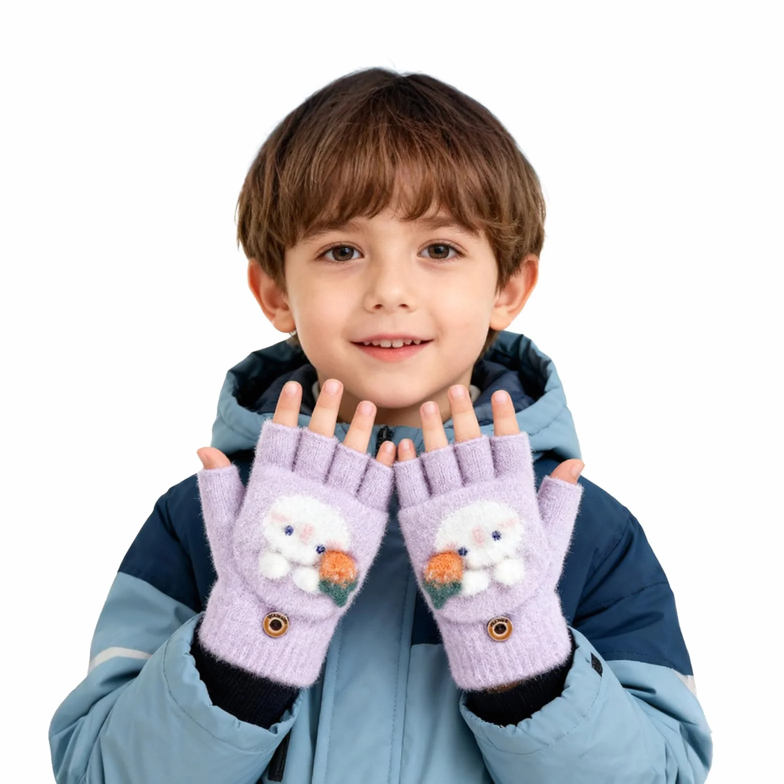 Mitaine avec Rabat pour Enfant Gants Demi-Doigts Chaudes d'Hiver 4-8 Ans