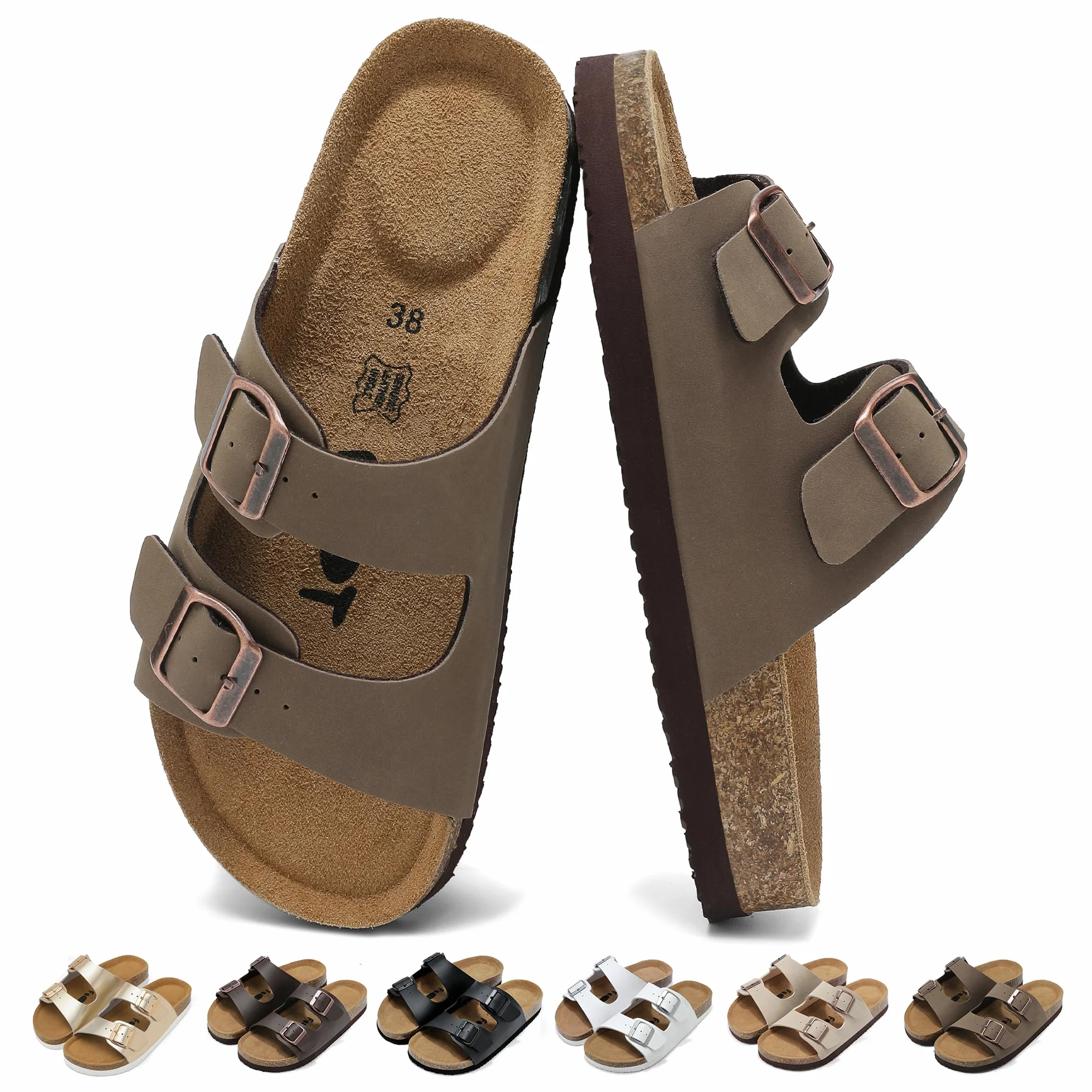 Sandales Orthopédiques Femmes avec Support de Voûte Plantaire, Sandales en Cuir Liège Réglables 36-42EU