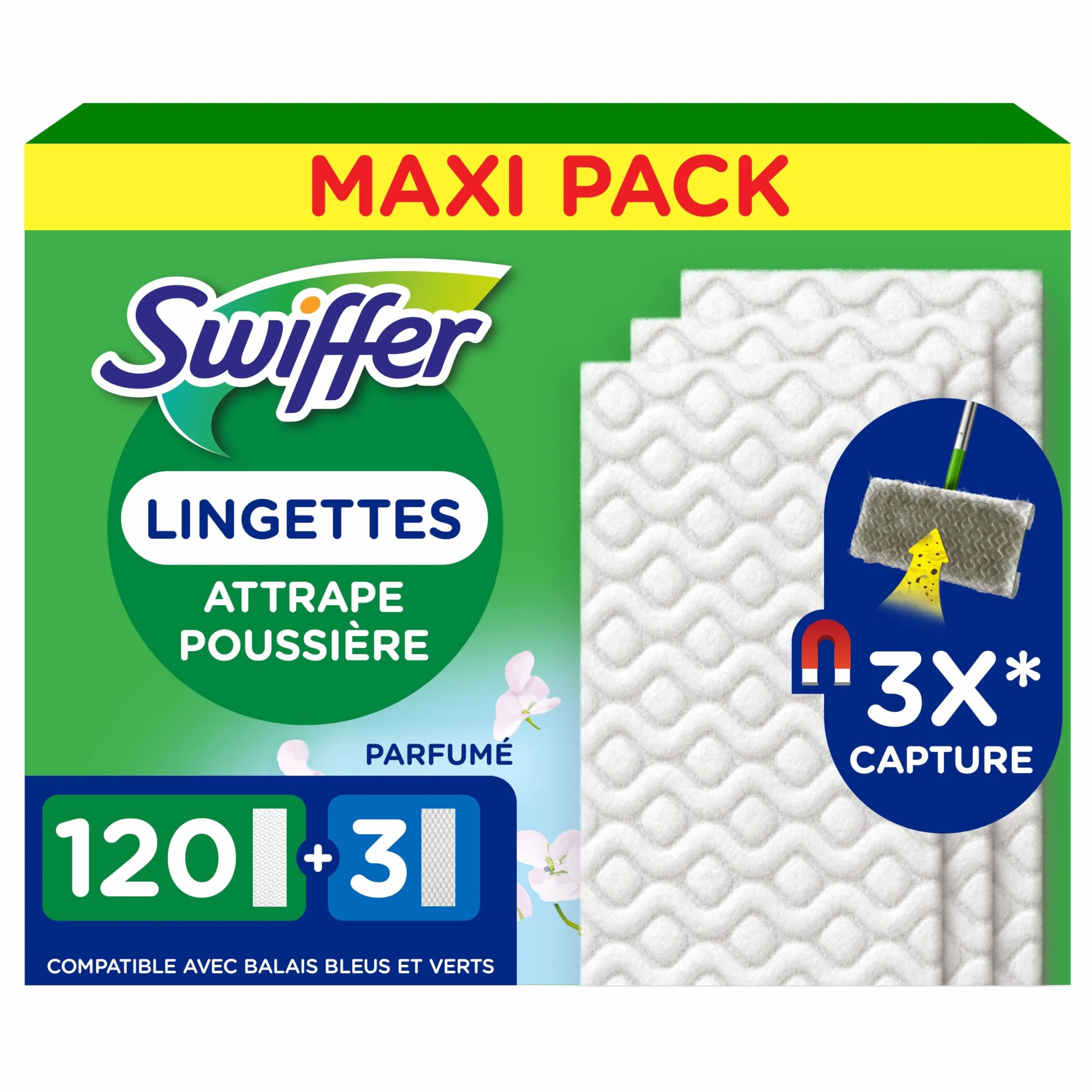 Swiffer Lingettes Balai Attrape-Poussière Sèches & Humides x123 | Attrape et retient 3x plus de poussière. Pour poils d'animaux.