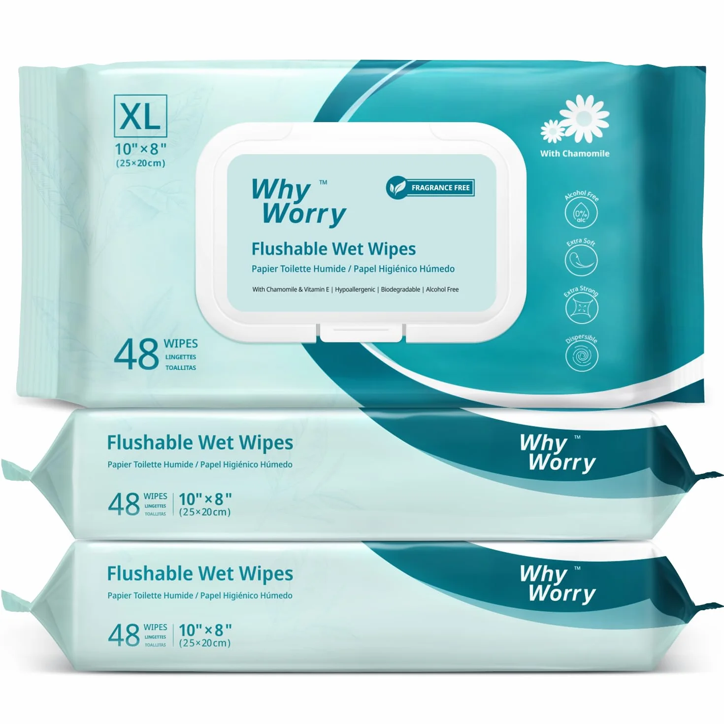 WhyWorry XL Papier Toilette Humide 20x25 cm pour Adultes, Extra Épais Lingettes Nettoyage Jetable dans les Toilettes, Camomille et Vitamine E, 100% Végétales, Sans Parfum, 144 Unité (3 Paquets de 48)