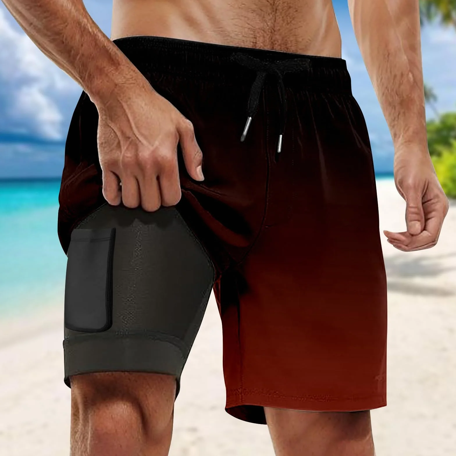 Maillots De Bain Homme Short Sport Fitness Respirant 2 en 1 Poche Zip Anti-Éclaboussures Xxs-5xl Plage Grande Taille