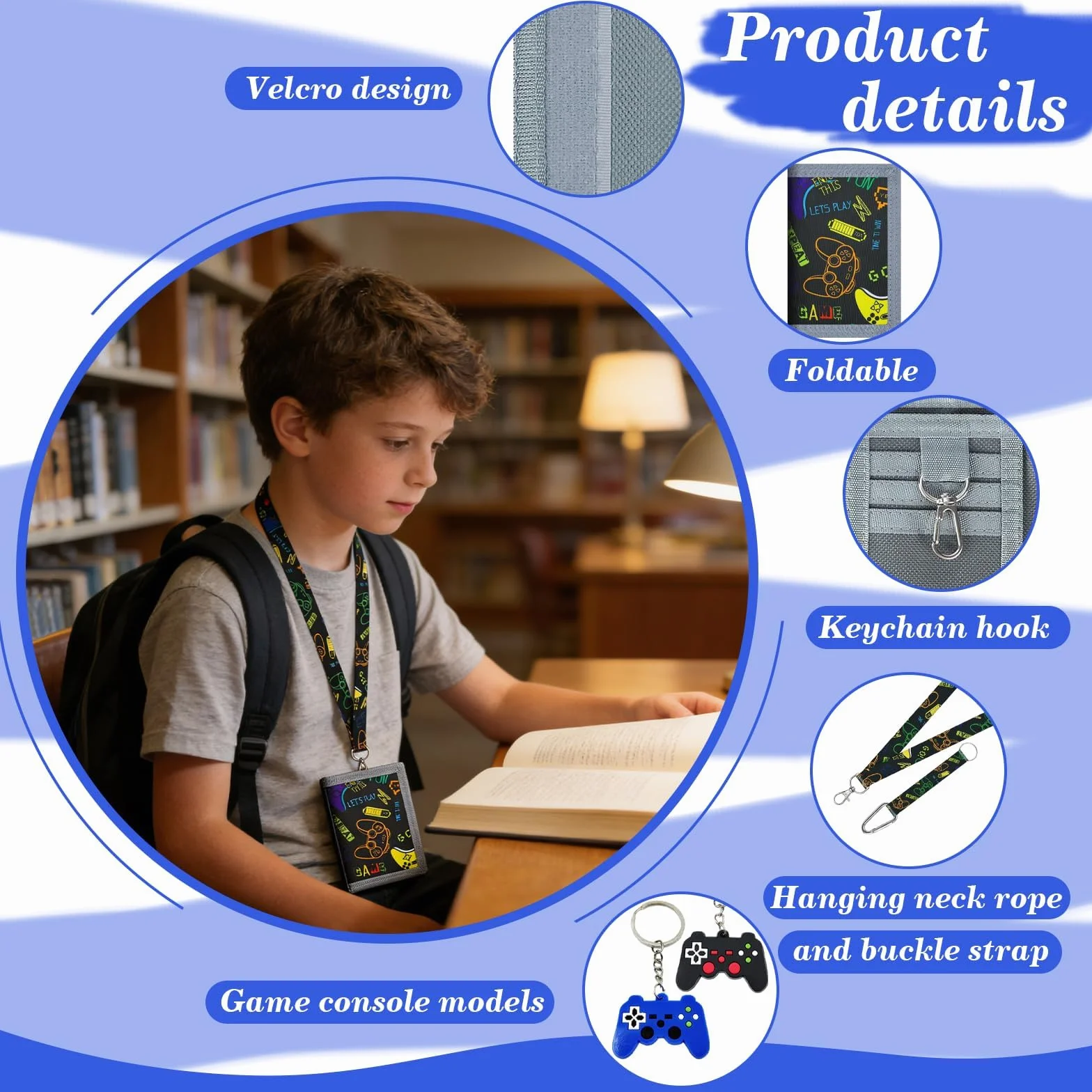 Portefeuille Ado Garcon Pliable Motif Console de Jeu Noir Cadeau Rentrée Scolaire