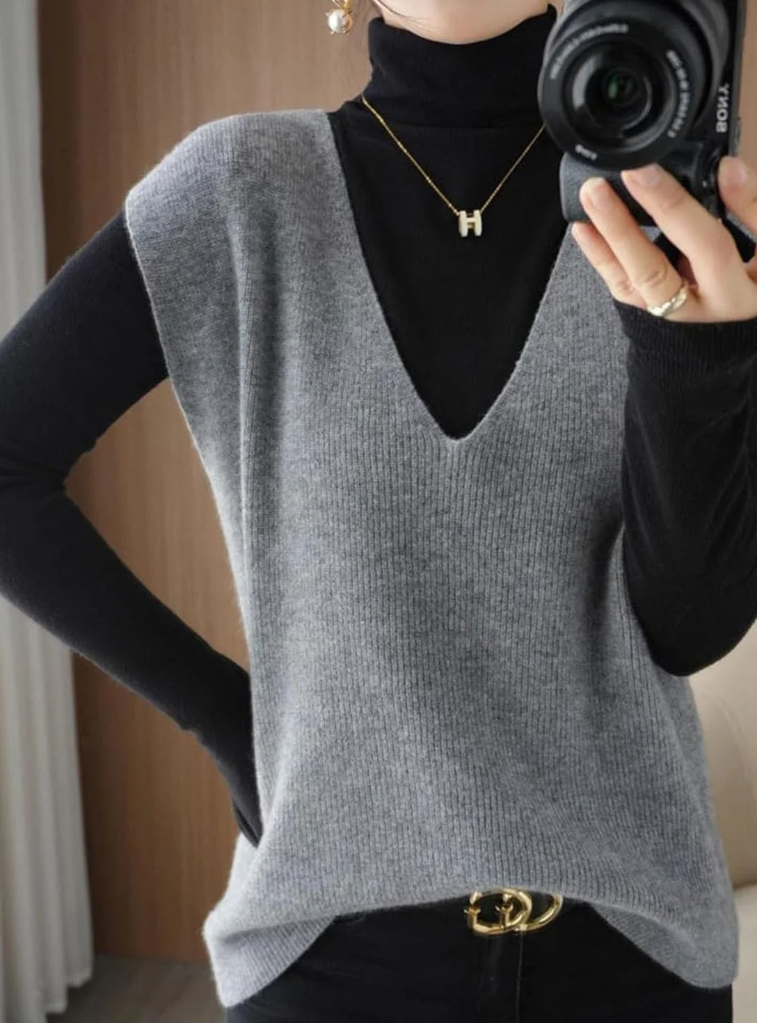 Pull sans Manches à col en V pour Femme en Cachemire tricoté Style coréen Beige L