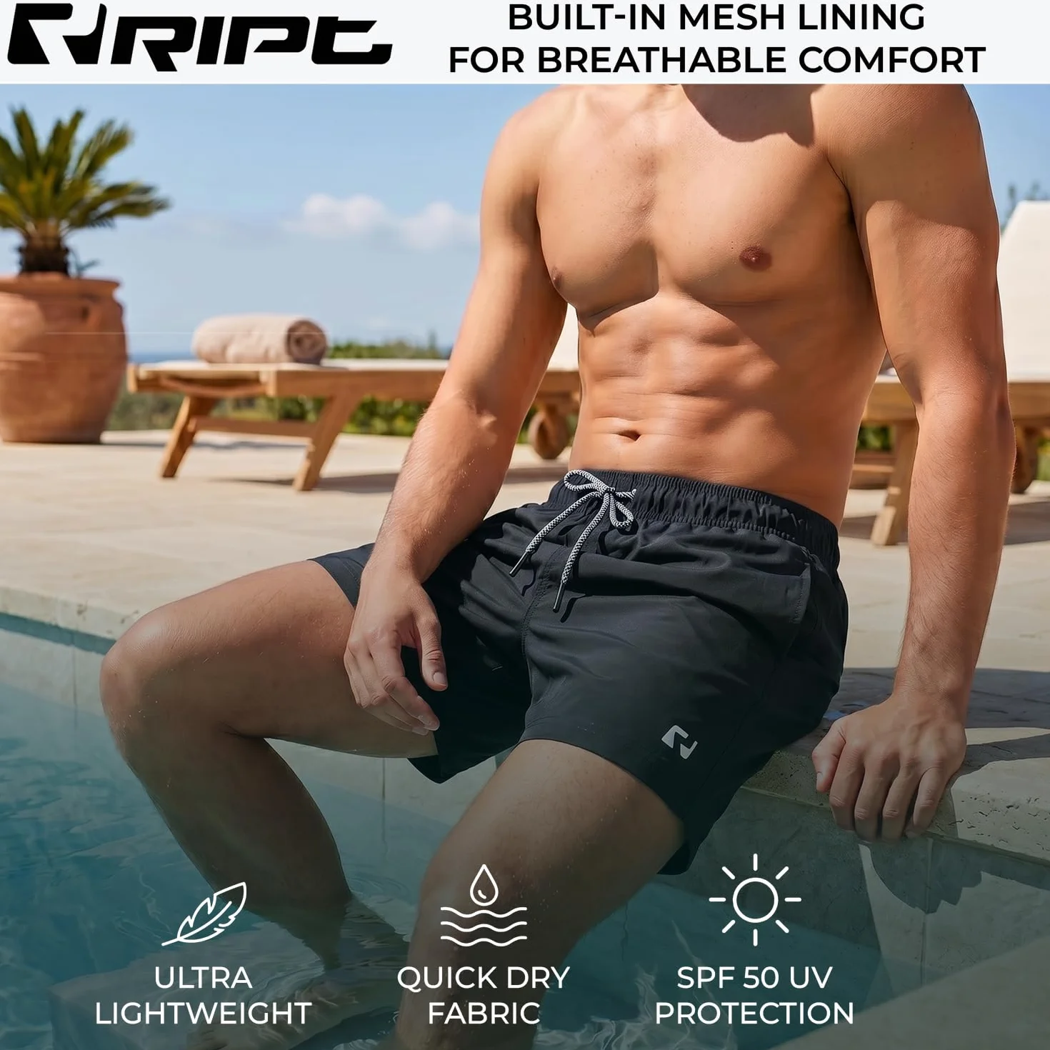 RIPT Short de Bain Homme Séchage Rapide Boardshort UV50 Doublure Mesh