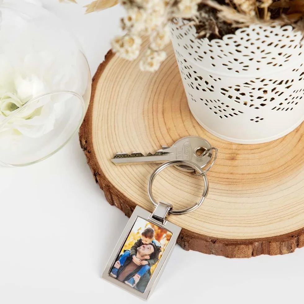 Porte-Clef Métal Argenté Rectangle avec Photo Imprimée Recto Verso Personnalisé Cadeau Homme