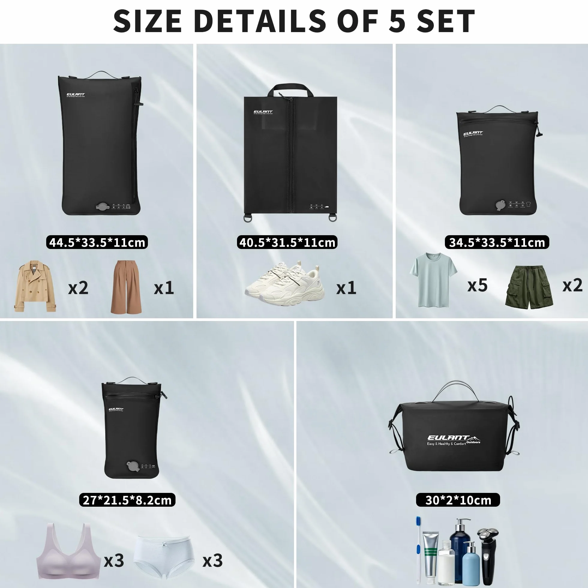 EULANT Lot de 5 Cubes de Compression Sous Vide Réutilisables pour Voyage avec Sacs Étanches
