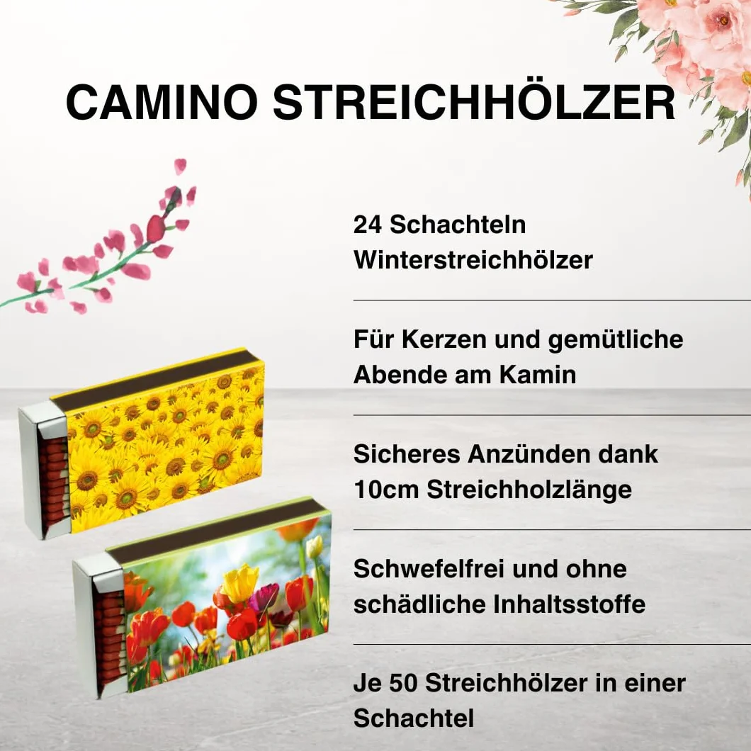 Camino 24 boîtes d'allumettes XXL 10 cm Motifs Fleurs, boîte d'allumettes pour Barbecue, cheminée, poêle, Bougies, allumettes de sécurité Motifs Fleurs Allumettes de Lance
