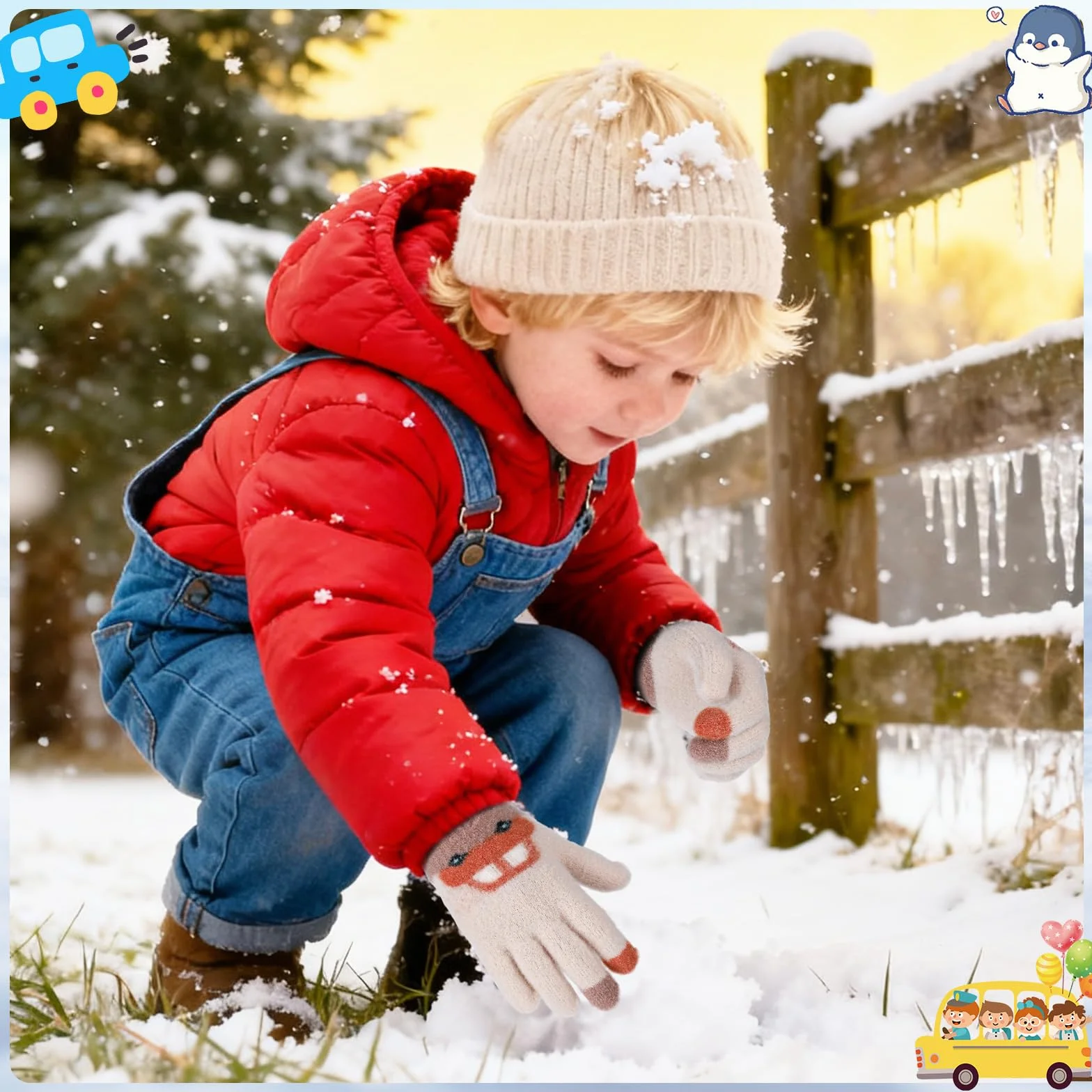 Lot de 3 paires de gants magiques pour enfants motif voiture, gants tricotés chauds et élastiques, mitaines d'hiver, 2-5 ans