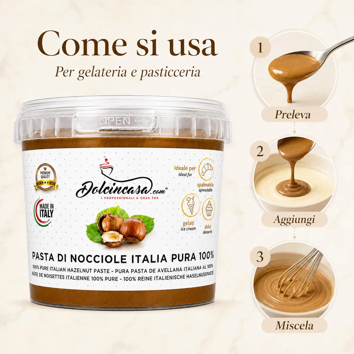 Dolcincasa-com Pâte de Noisettes Torréfiées 100% Pure Crème à Tartiner pour Glace Café et Diverses Utilisations en Confiserie Décorations Remplissages Sans Gluten sans Epaississants 500 Grammes