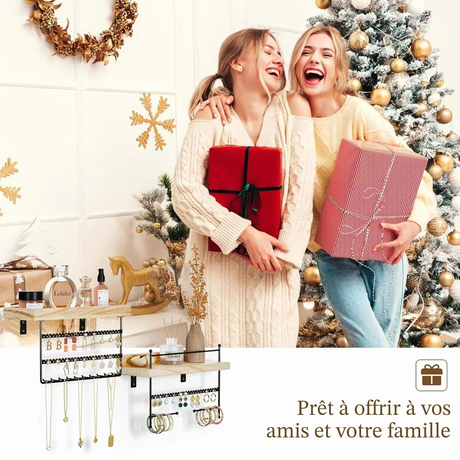 Lolalet Porte Bijoux Mural Lot de 2, Organisateur Suspendu en Bois Naturel - Noir