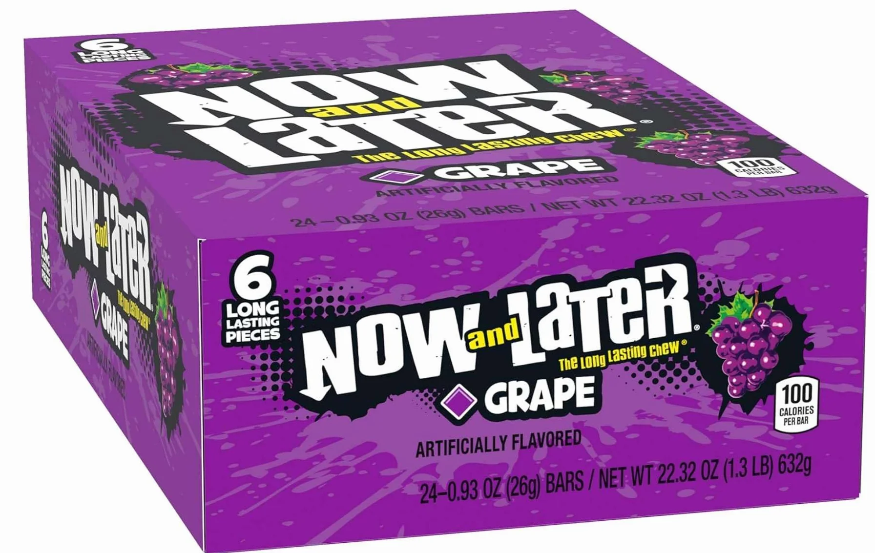 Now & Later Original Taffy Chews Candy, Grape, 0.93 Ounce Bar, Pack of 24