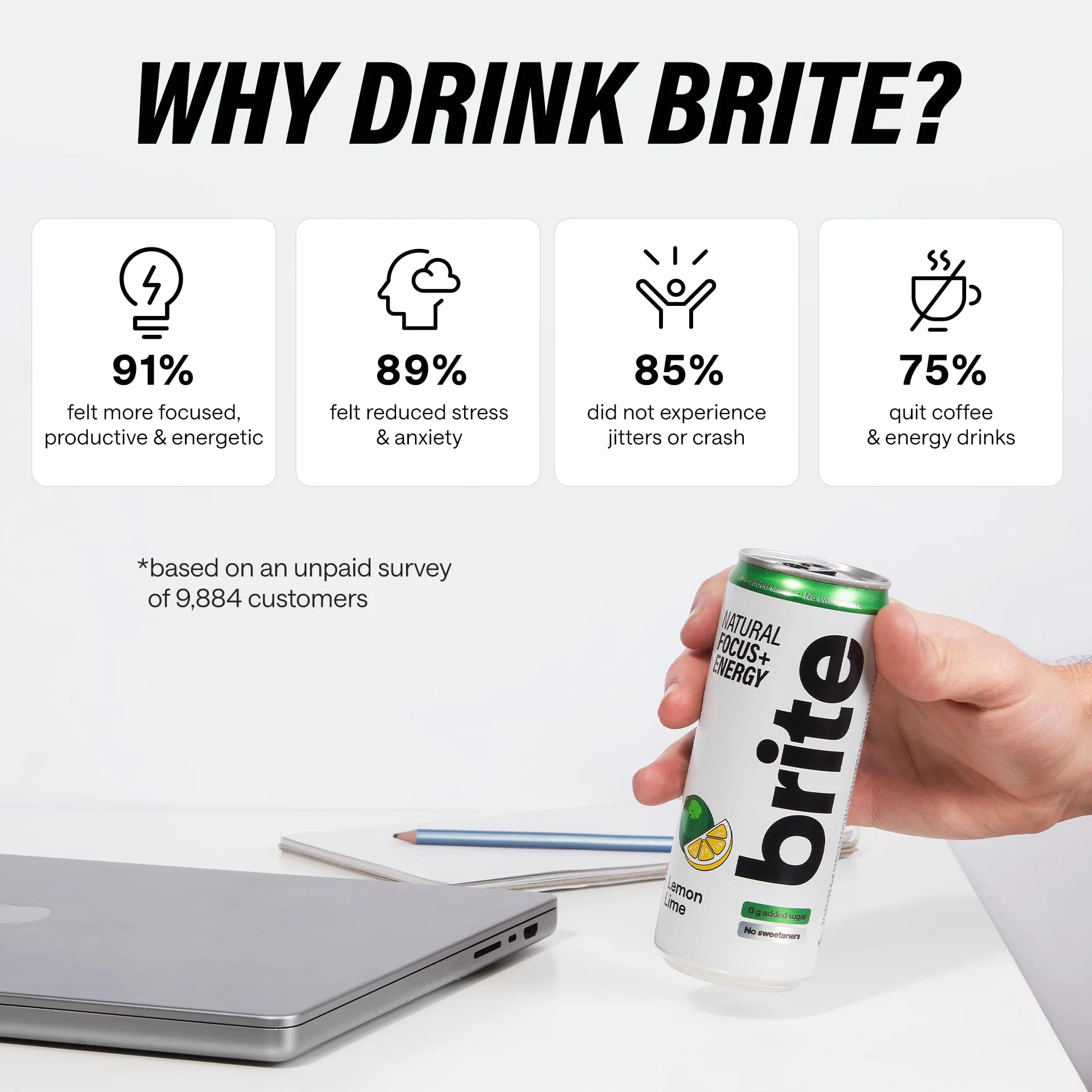 Brite Natural Focus. Boisson énergisante et alternative au café pour améliorer la productivité. À base de plantes, faible en calories, végétalienne, sans gluten. Mix 12 x 330 ml.