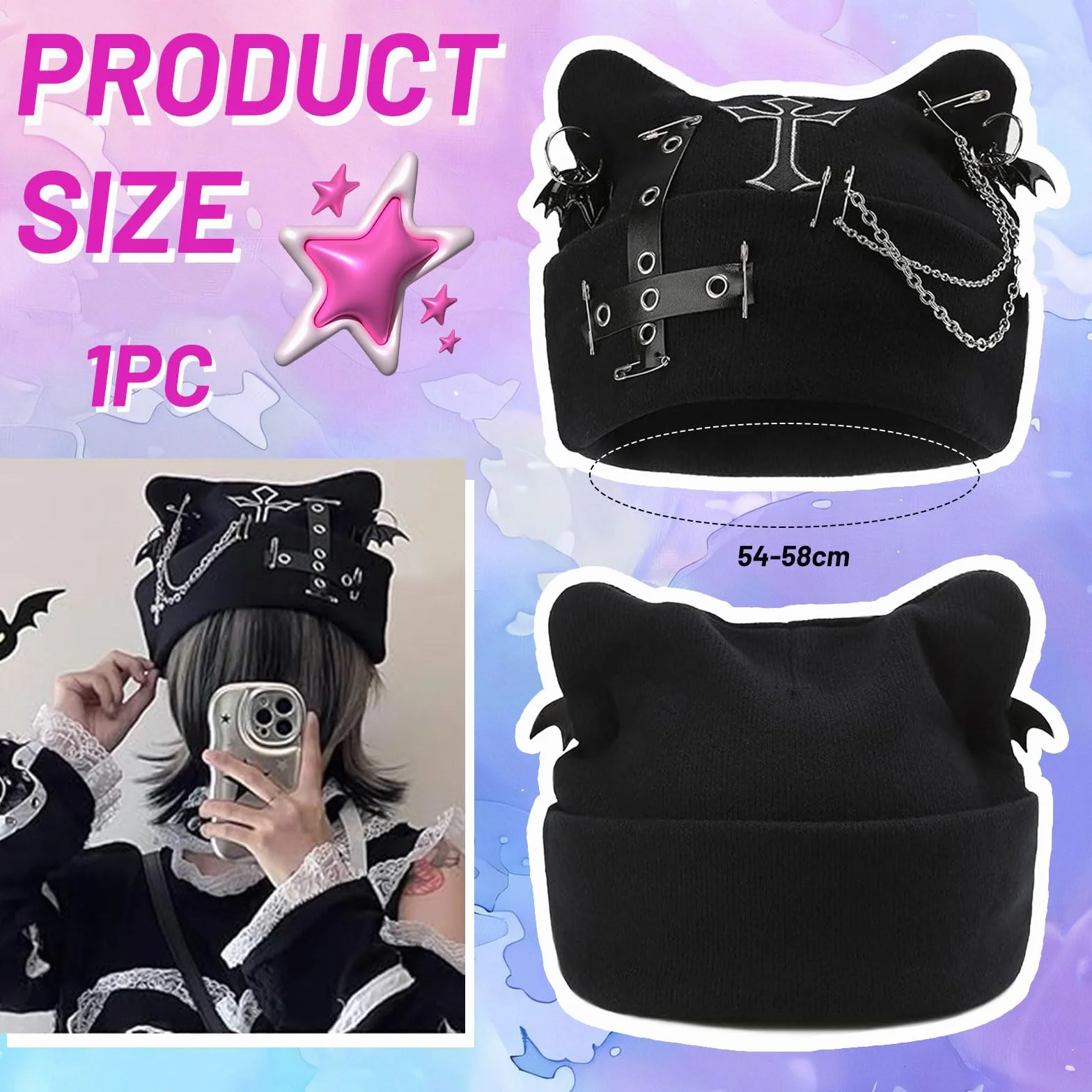 Goth Cat Beanie bonnet punk oreilles chat Y2K grunge tricoté streetwear chaîne femme festivals