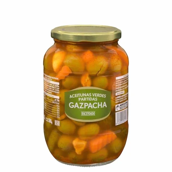 Hacendado Olives Vertes Gazpacha, Cassées, Catégorie Selecta, 835g PACK3, Conservation Sans Gluten, Idéal pour Apéritif