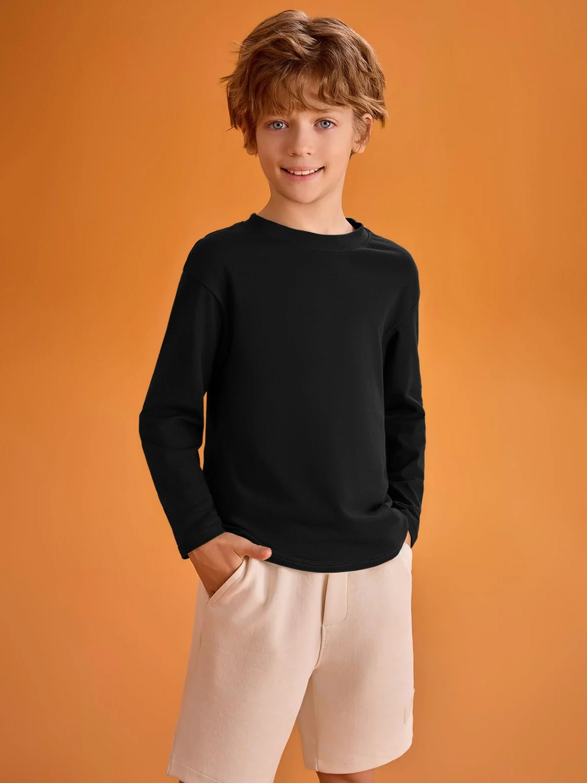 T-shirt à manches longues pour garçon col rond couleur unie basique