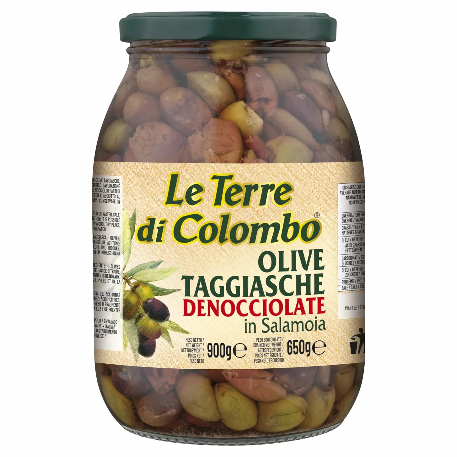 Le Terre di Colombo – Olives Taggiasca Dénoyautées - en Saumure - 900 g