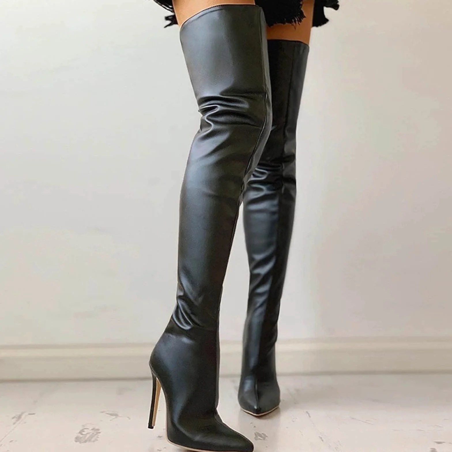 Botte Cuissarde Femme Bottes Hautes Lacet Daim Chaudes Hiver Talon Bloc Noir Marron