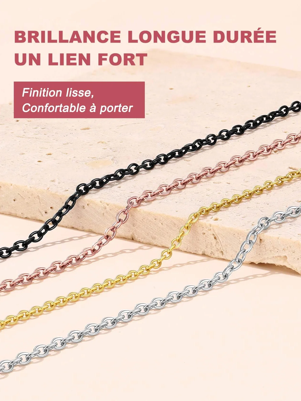 FOCALOOK Collier Chaîne Femme 2.5mm Argent Plaqué Or Noir Rose Acier Inoxydable Maille Forçat Rolo Pendentif 35-75cm 5cm