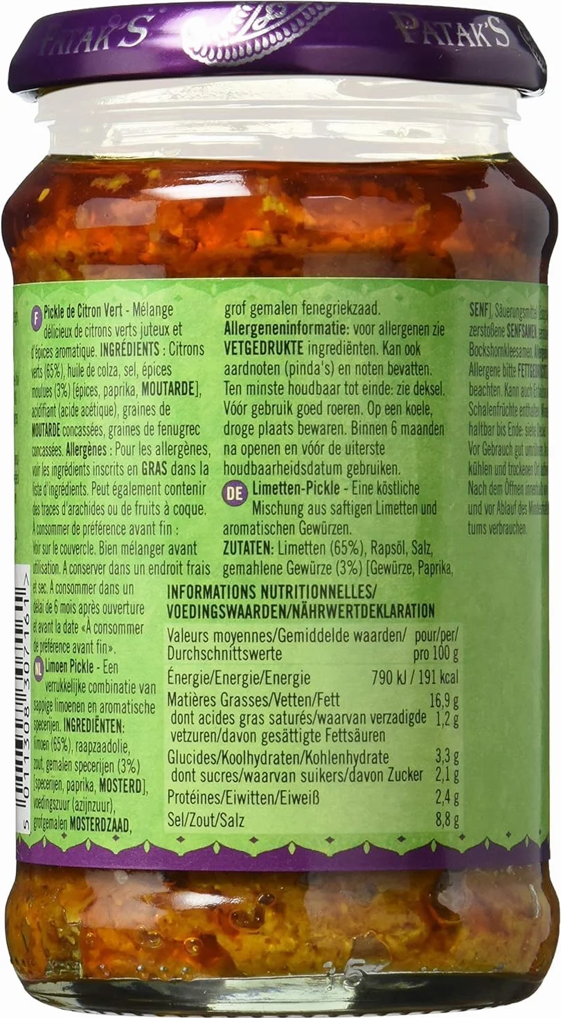 Patak's Lot de 2 cornichons à Citron Vert de Medium 283G